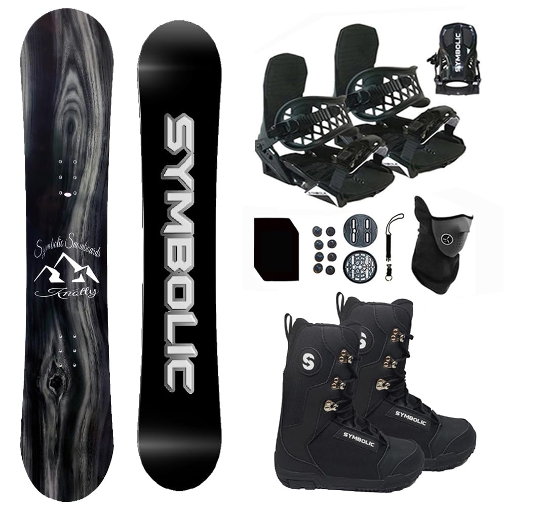 Symbolic Knotty Snowboard Complete Package with Bindings, Boots, Leash, Stomp Pad & Face Gaiter | All-Mountain Freestyle Snowboarding Gear for Men & Women | Perfect for Powder, Park & Backcountry Riding