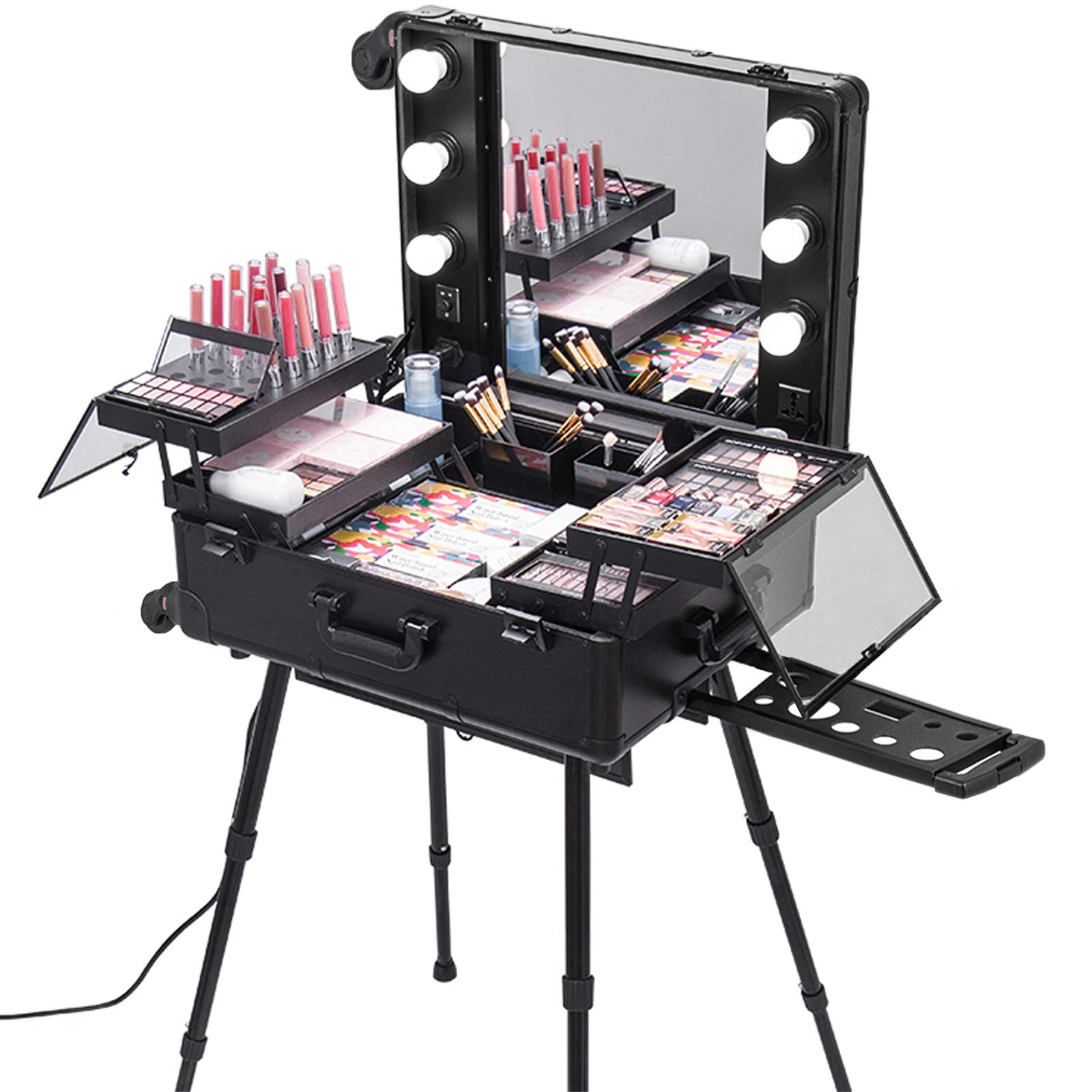 BuoQua Professional Rolling Makeup Station with Adjustable Legs & 6 Lights - 28 x 21 x 54 Inch Lockable Beauty Case for Cosmetic Artists, Home Salon & Studio (Black) - Perfect for Makeup Artists, Beauty Professionals & Home Vanity Organization