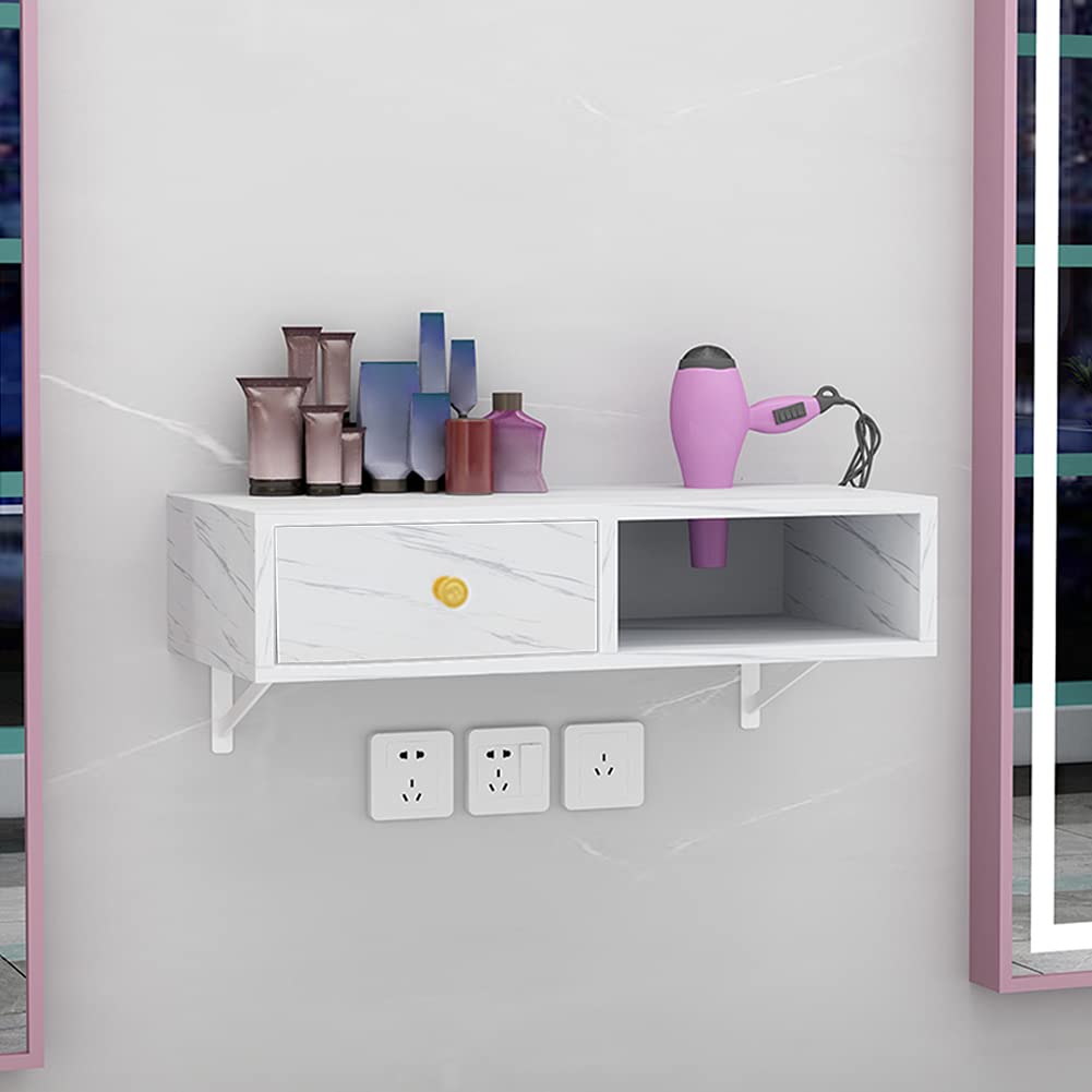 White Marble Wooden Wall Mounted Salon Styling Station with Sliding Drawer - Hair Dryer Holder & Organizer for Styling Products - Perfect for Home Salon Decor & Professional Beauty Spaces
