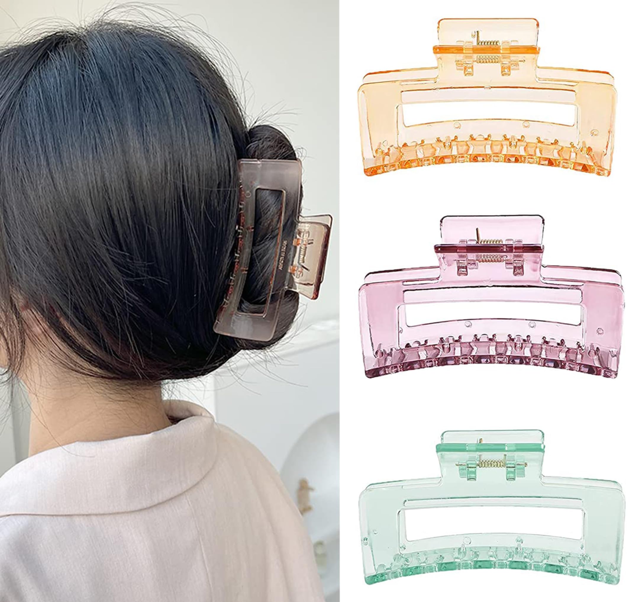 Korean Style Big Hair Claw Clips for Women - 3 Pack Strong Hold Transparent Hair Clips for Thin, Thick & Curly Hair - Perfect for School, Work, Gym and Everyday Styling