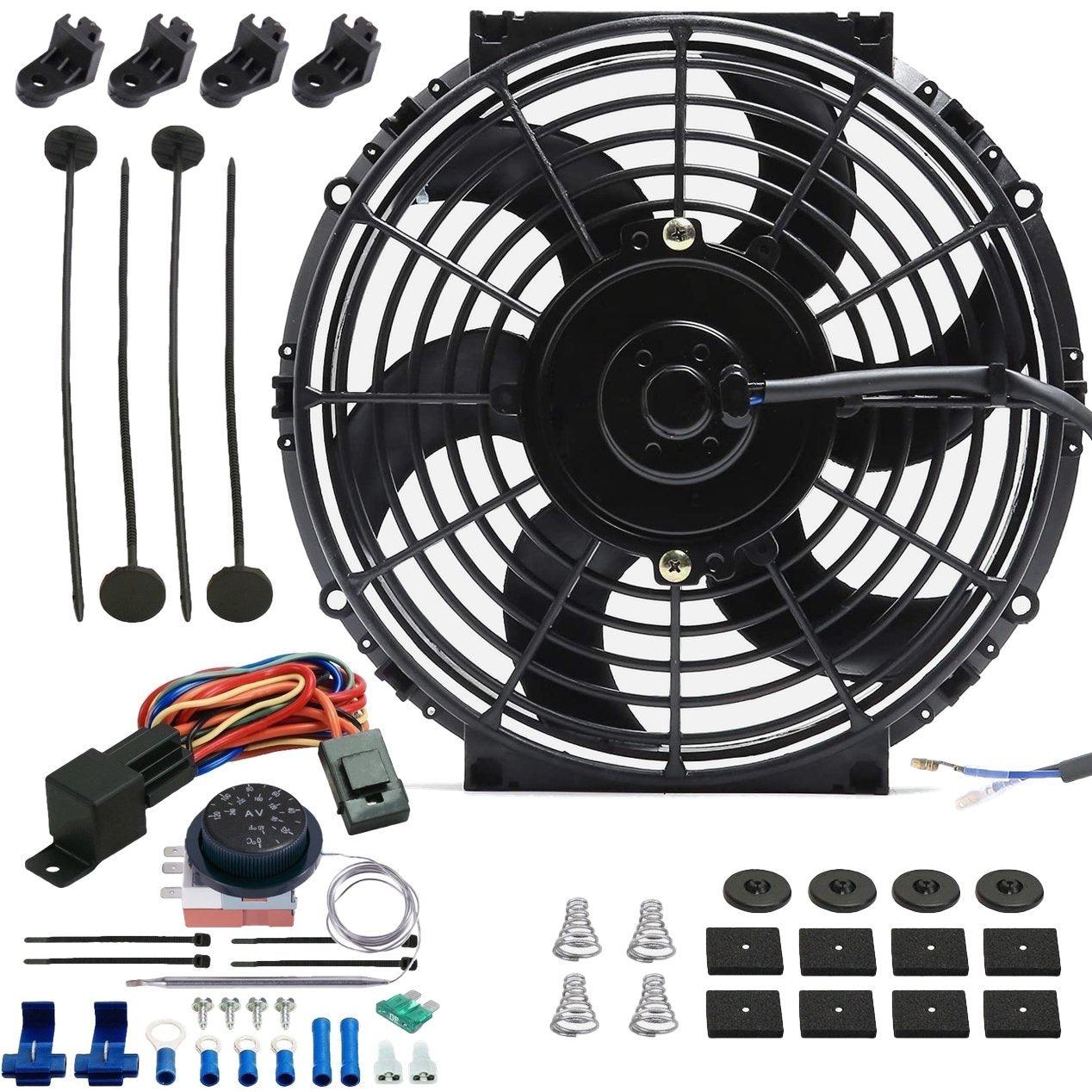 90W 10-11 Inch Electric Radiator Fan with Adjustable Thermostat & Wiring Switch Kit - Universal Cooling Solution for Cars, Trucks & SUVs