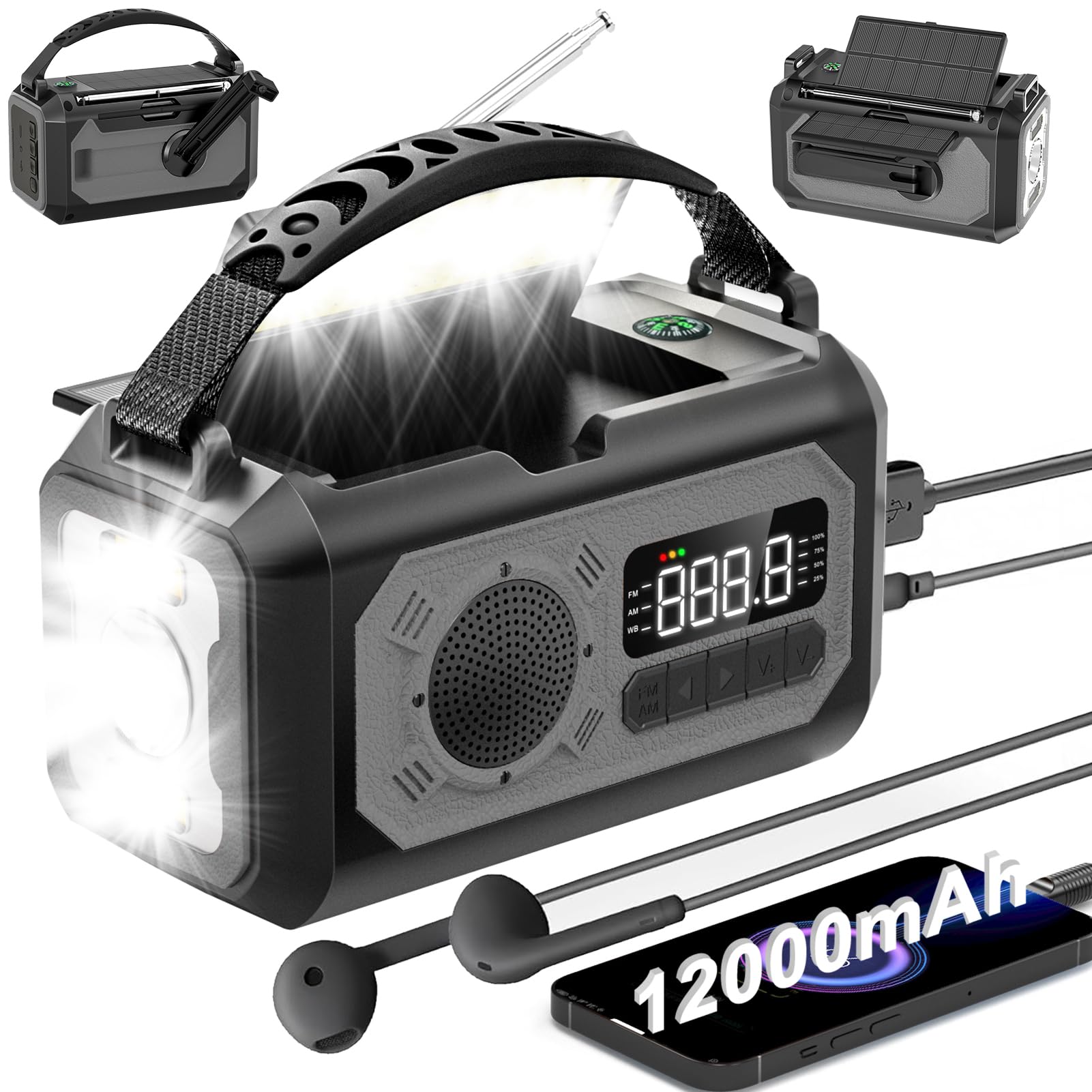12000mAh Emergency Hand Crank Solar Radio - Portable AM/FM/NOAA Weather Alert Radio with Flashlight, Reading Lamp, SOS Alarm & Power Bank - Perfect for Home, Camping, Hiking & Outdoor Survival (Gray)