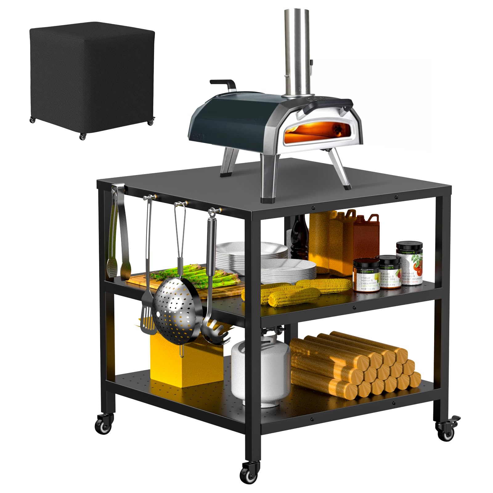 **Portable Outdoor Grill Cart with Pizza Oven & 3-Shelf Storage – Heavy-Duty Rolling BBQ Prep Table with Wheels & Waterproof Cover – Perfect for Backyard Cooking, Camping & Outdoor Dining**