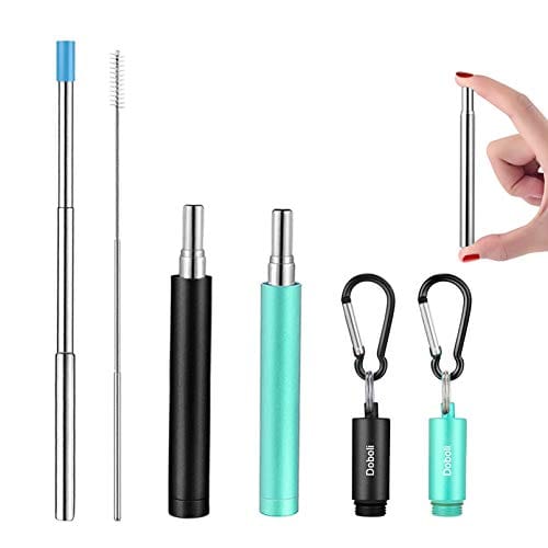 2 Pack Reusable Collapsible Stainless Steel Metal Straws with Case & Cleaning Brushes - Portable Telescopic Drinking Straw for Travel, Home, Office - Eco-Friendly Black/Turquoise Straws for Smoothies, Iced Coffee & Cocktails