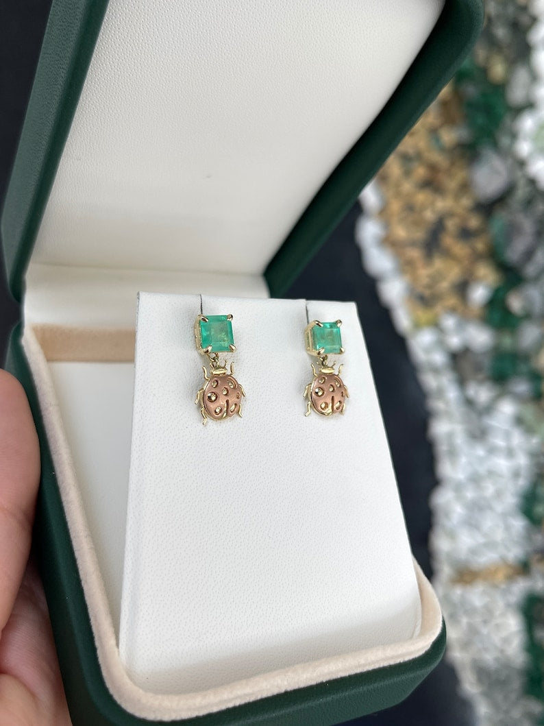 14K Rose Gold Asscher Cut Green Emerald & Lady Bug Dangle Earrings - 2.0tcw, Elegant Jewelry for Women, Perfect for Weddings, Parties & Special Occasions
