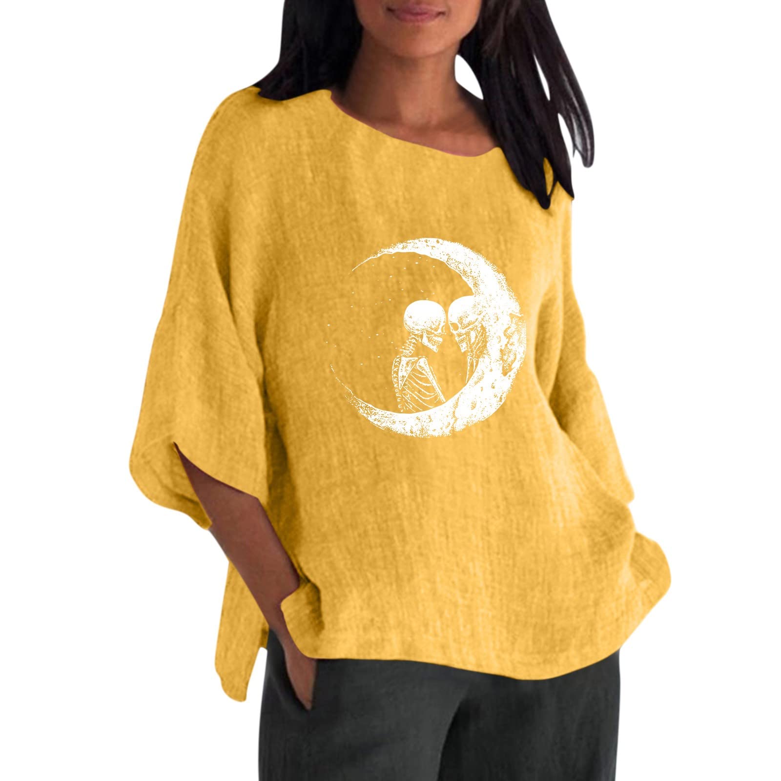 Sexy Halloween Costumes for Women & Teens - 3/4 Sleeve Pumpkin Print Loose Fit T-Shirt | Halloween Party Outfit, Cosplay, Trick or Treat
