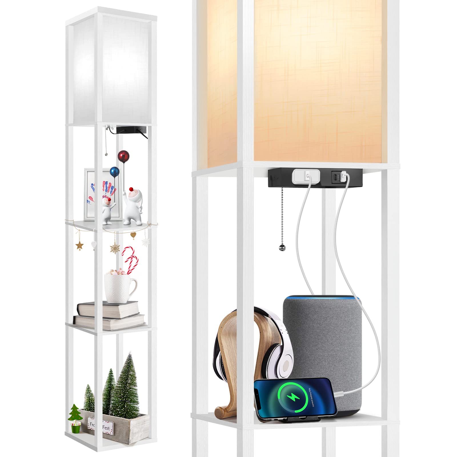 OUTON Modern LED Floor Lamp with Shelves - 3 Color Temperatures, 2 USB Ports & Power Outlet, Wood Column Storage Display - Perfect for Living Room, Bedroom & Office Lighting (White)