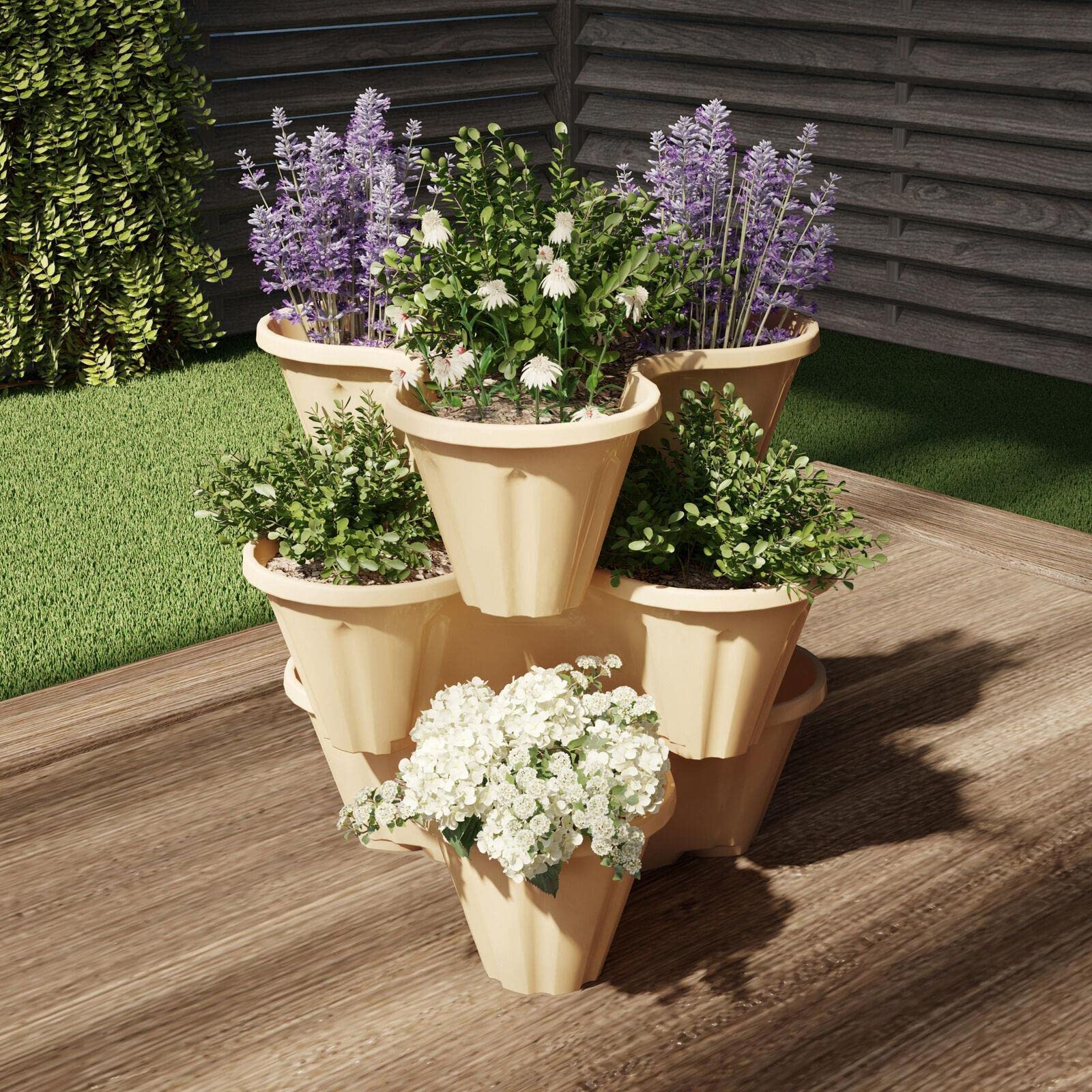 3 Tier Vertical Plant Tower - Sand Colored Indoor/Outdoor Flower Pot Planter for Succulents, Herbs & Flowers - Perfect for Porch, Garden, Balcony & Home Decor