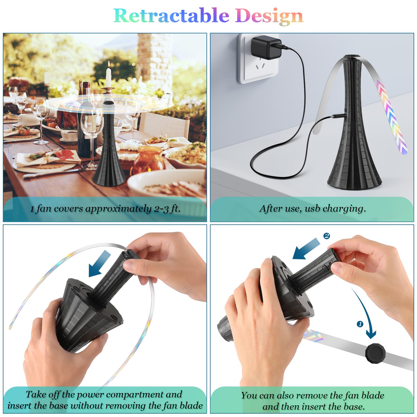 Rechargeable USB Fly Repellent Fan for Outdoor Tables - 6PCS Black Soft Blade Food Fan for Camping, Picnic, Fishing & Patio - Keep Flies Away with Gentle Breeze | Perfect for Outdoor Dining, BBQ & Summer Gatherings