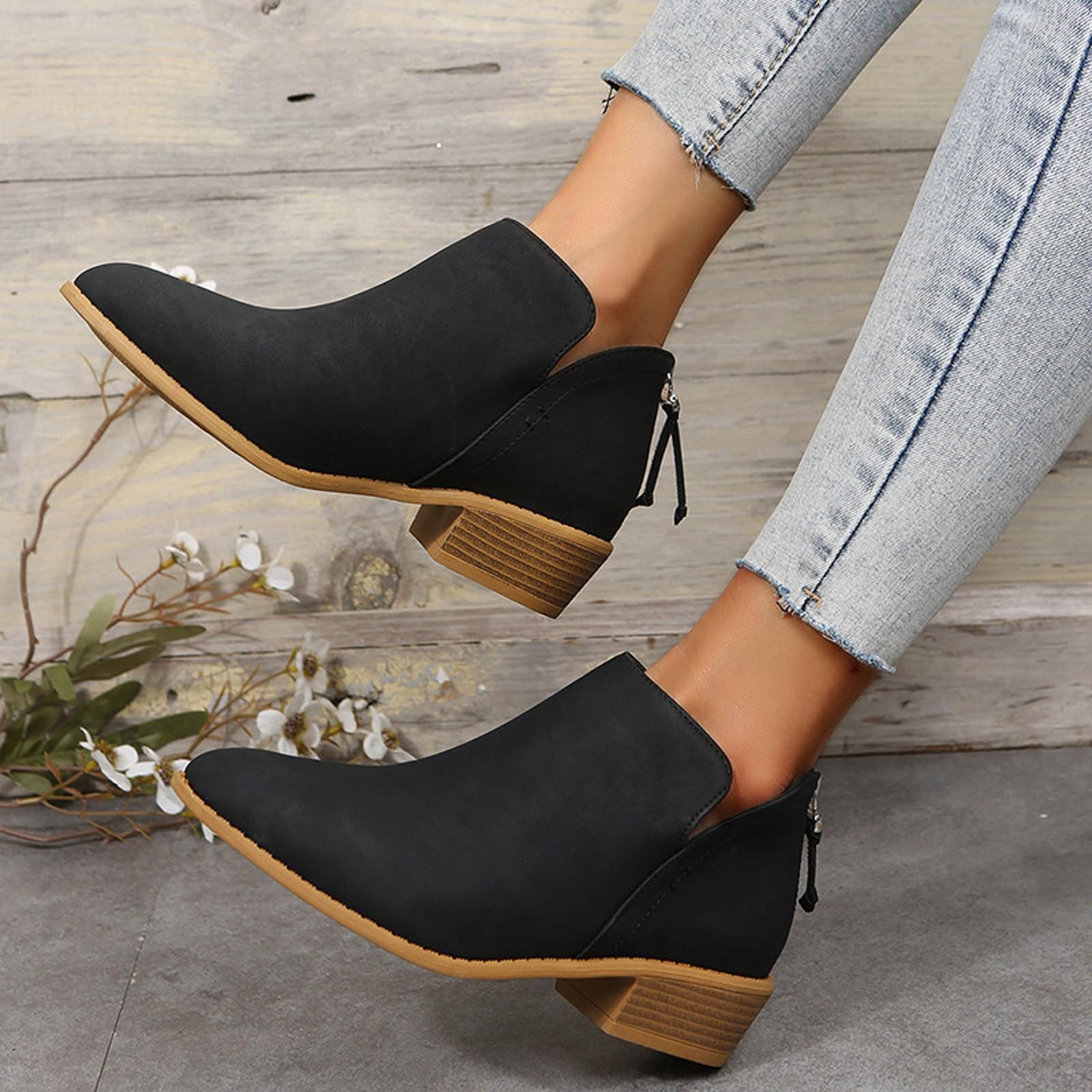 Women's Ankle Boots with Arch Support - Low Heel Lace Up & Zipper Booties for Casual Walking | Slip On Black Short Boots with Ankle Support | Perfect for Outdoor Activities, Work & Everyday Wear
