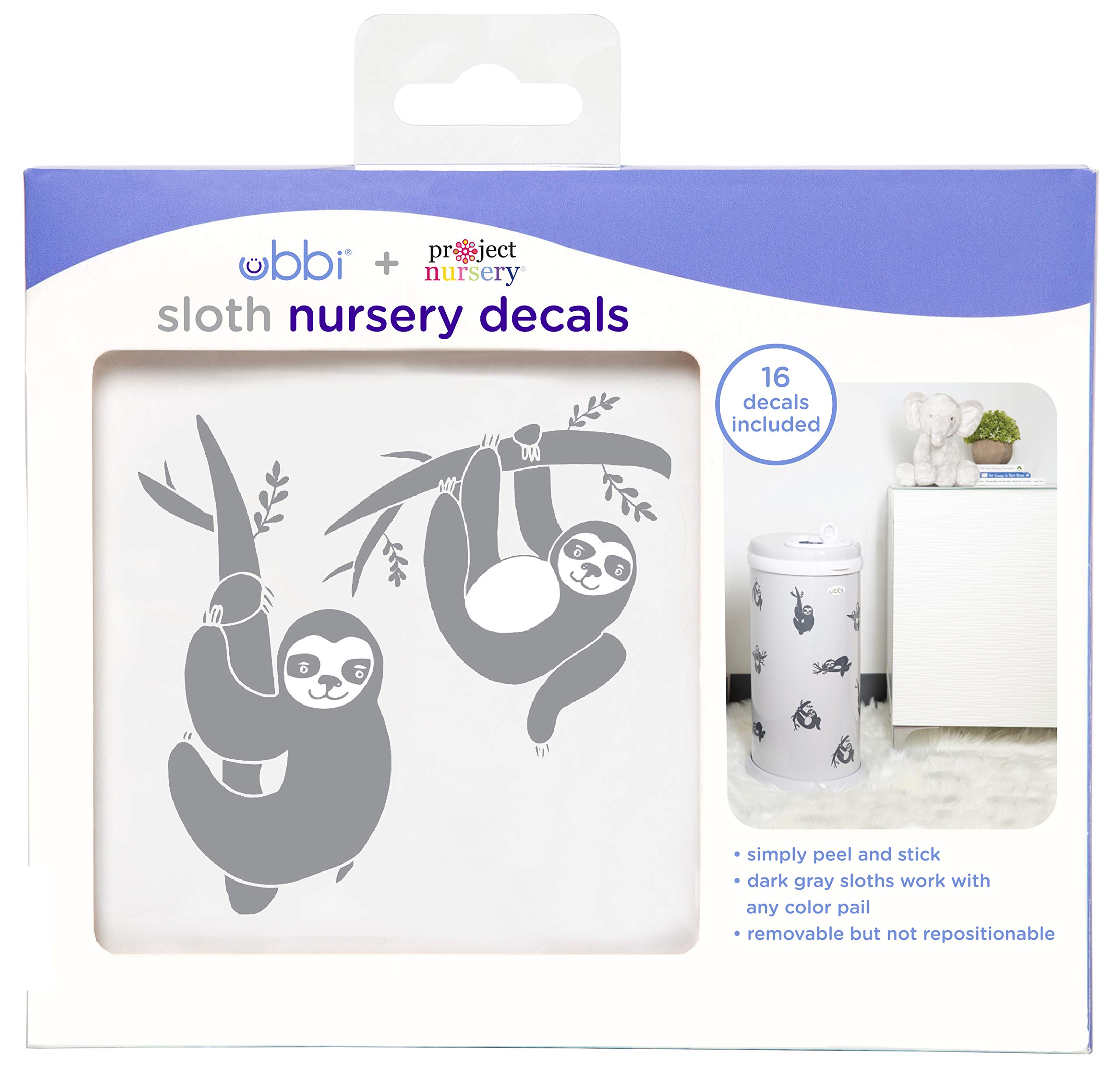 Ubbi Sloth Peel and Stick Wall Decals - Waterproof Nursery Stickers for Diaper Pail, Kids Room Decor - Perfect for Baby Shower Gifts & Toddler Bedroom Makeover