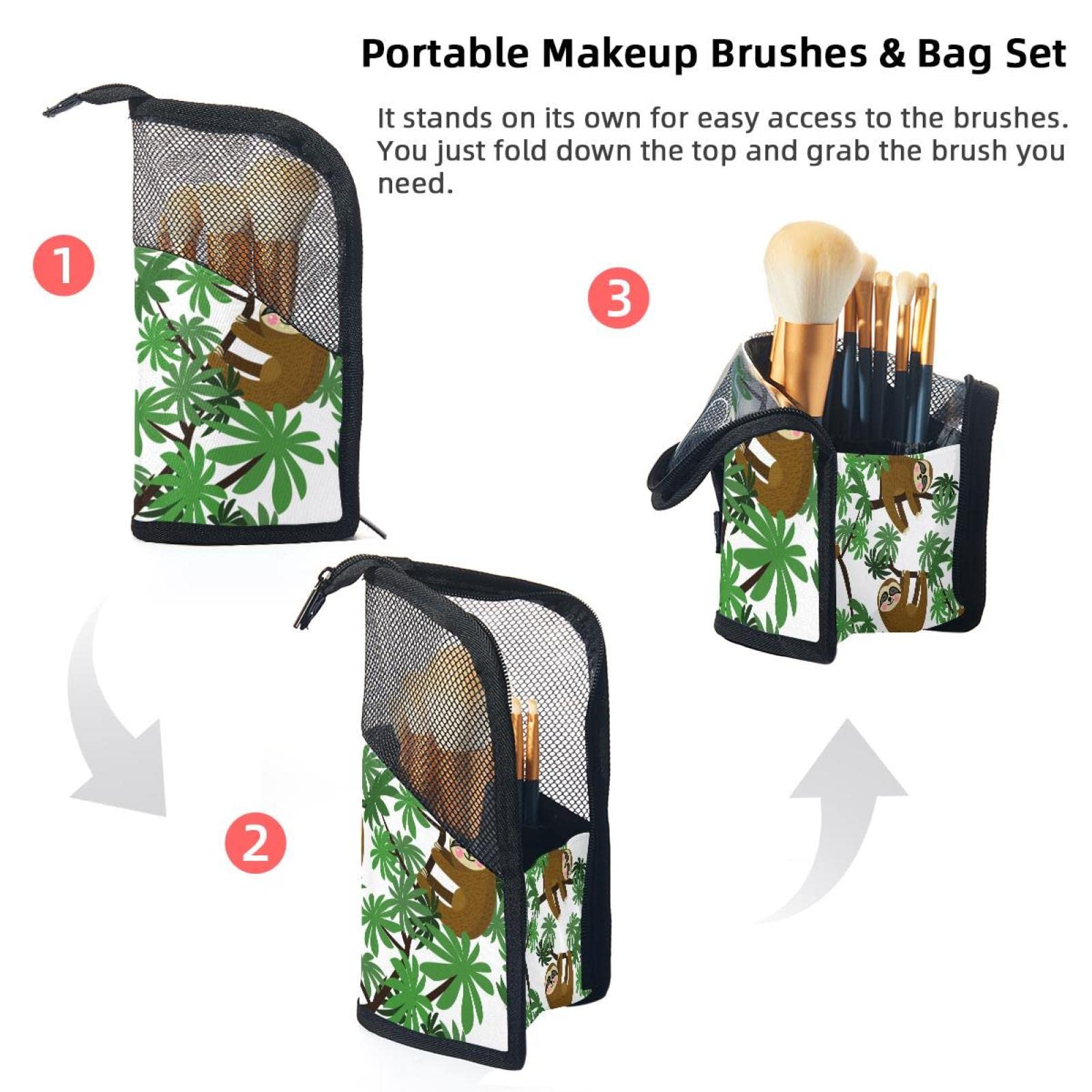 Premium 12-Slot Makeup Brush Organizer Bag - Jungle Sloths & Palm Tree Design, Portable Travel Cosmetic Brush Holder Case for Makeup Artists & Beauty Enthusiasts - Perfect for Home Vanity, Travel & Professional Makeup Kits
