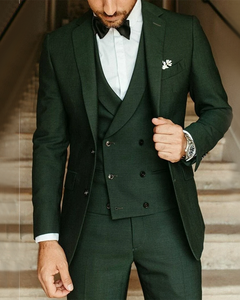 Elegant 3-Piece Dark Forest Green Prom & Wedding Suit Set (Blazer, Vest, Pants) for Men - Formal Occasions, Evening Events & Special Celebrations