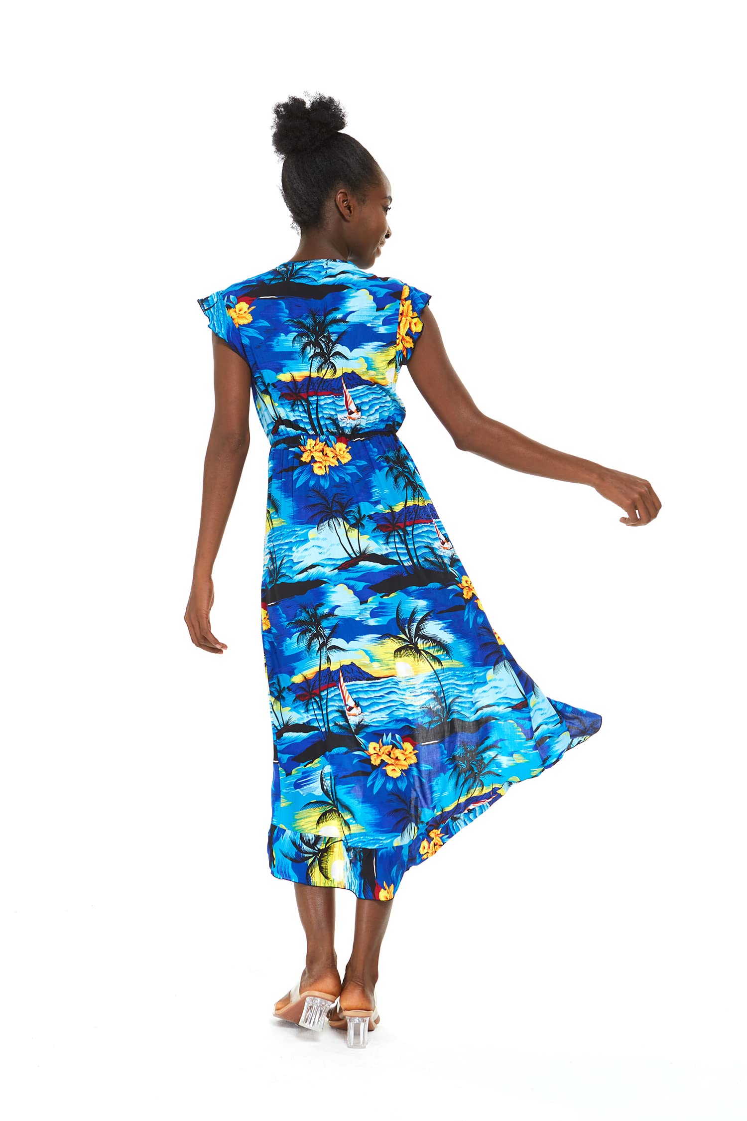 Hawaiian Luau Wrap Ruffle Dress for Women - Floral Hibiscus Vine Print - Perfect for Beach Parties, Summer Vacations & Tropical Getaways