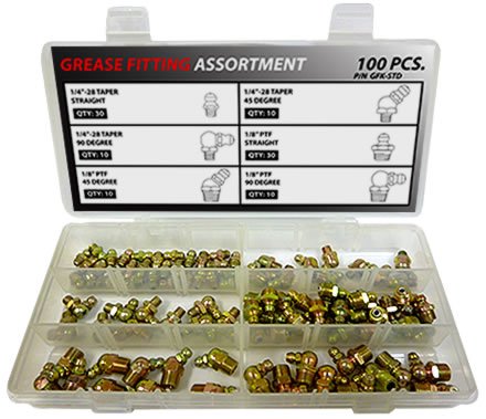 100 Piece SAE Grease Fitting Kit - Standard Zerk Fittings for Automotive, Industrial & Farm Equipment Maintenance - Perfect for Lubricating Bearings, Joints & Heavy Machinery