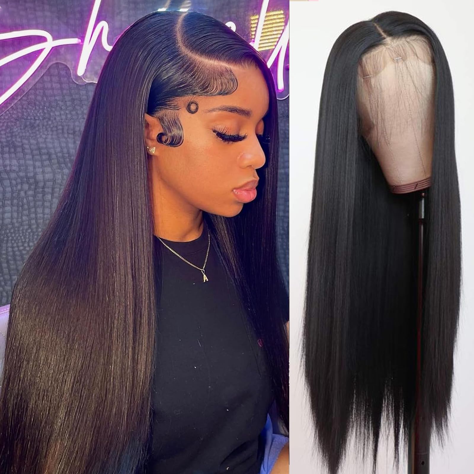 13x6 Lace Front Wigs Human Hair Natural Black Straight Glueless Wigs with HD Lace - Heat Resistant Synthetic Hair for Black Women (22 Inch) - Perfect for Daily Wear, Cosplay & Special Occasions