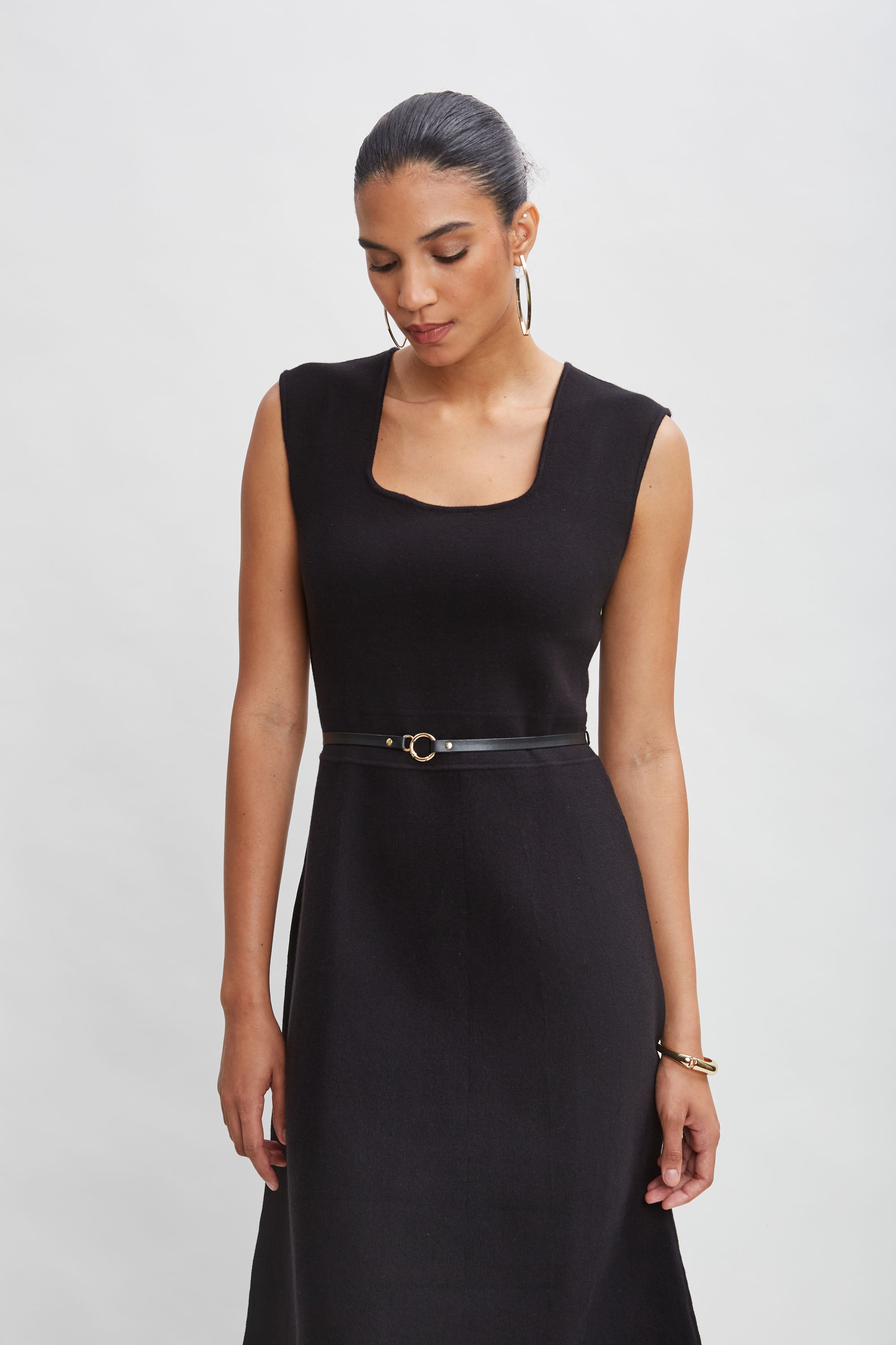 Square Neck Belted Sweater Dress for Women - Cozy Knit Midi Dress with Long Sleeves - Perfect for Fall, Winter & Holiday Parties