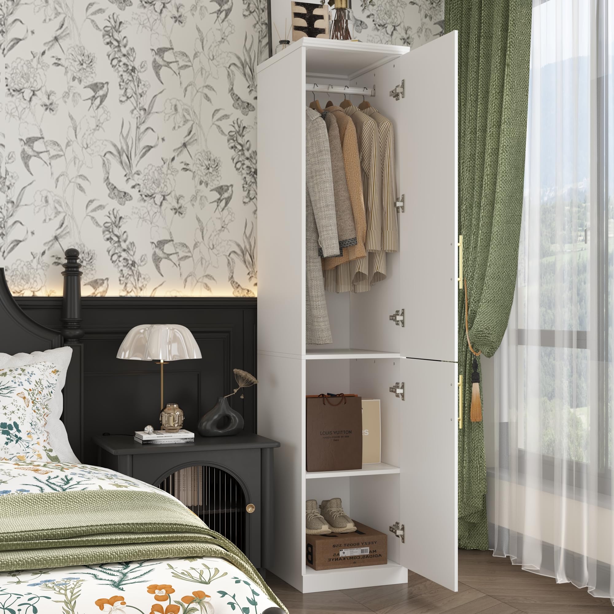 Hitow 2 Door Wardrobe Armoire Closet - Slim Narrow Storage Cabinet with 3 Shelves & Hanging Rod, Modern Clothes Organizer for Bedroom, White (15.7