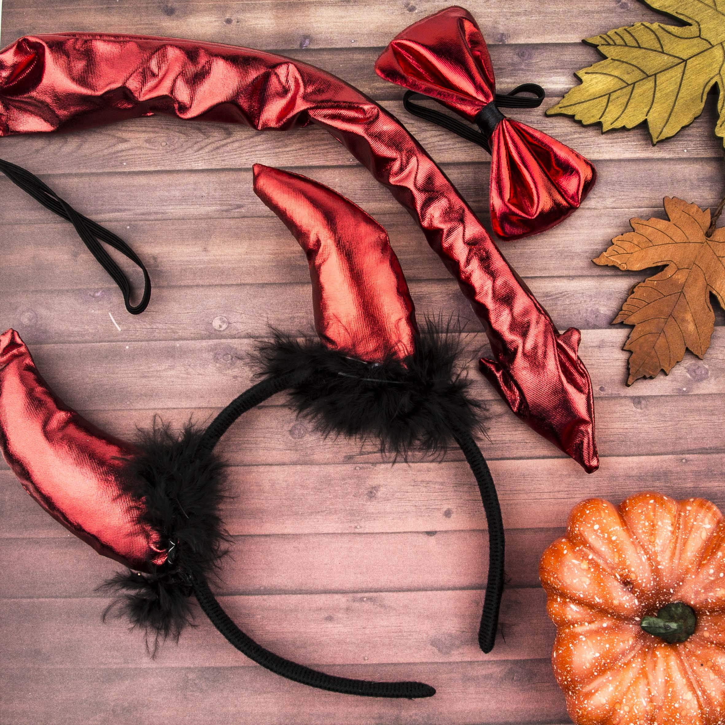 LUX ACCESSORIES Halloween Devil Costume Set - Red & Black Fuzzy Horn Headband, Tail, Pitchfork Accessories for Sexy Cosplay, Party, and Festive Events