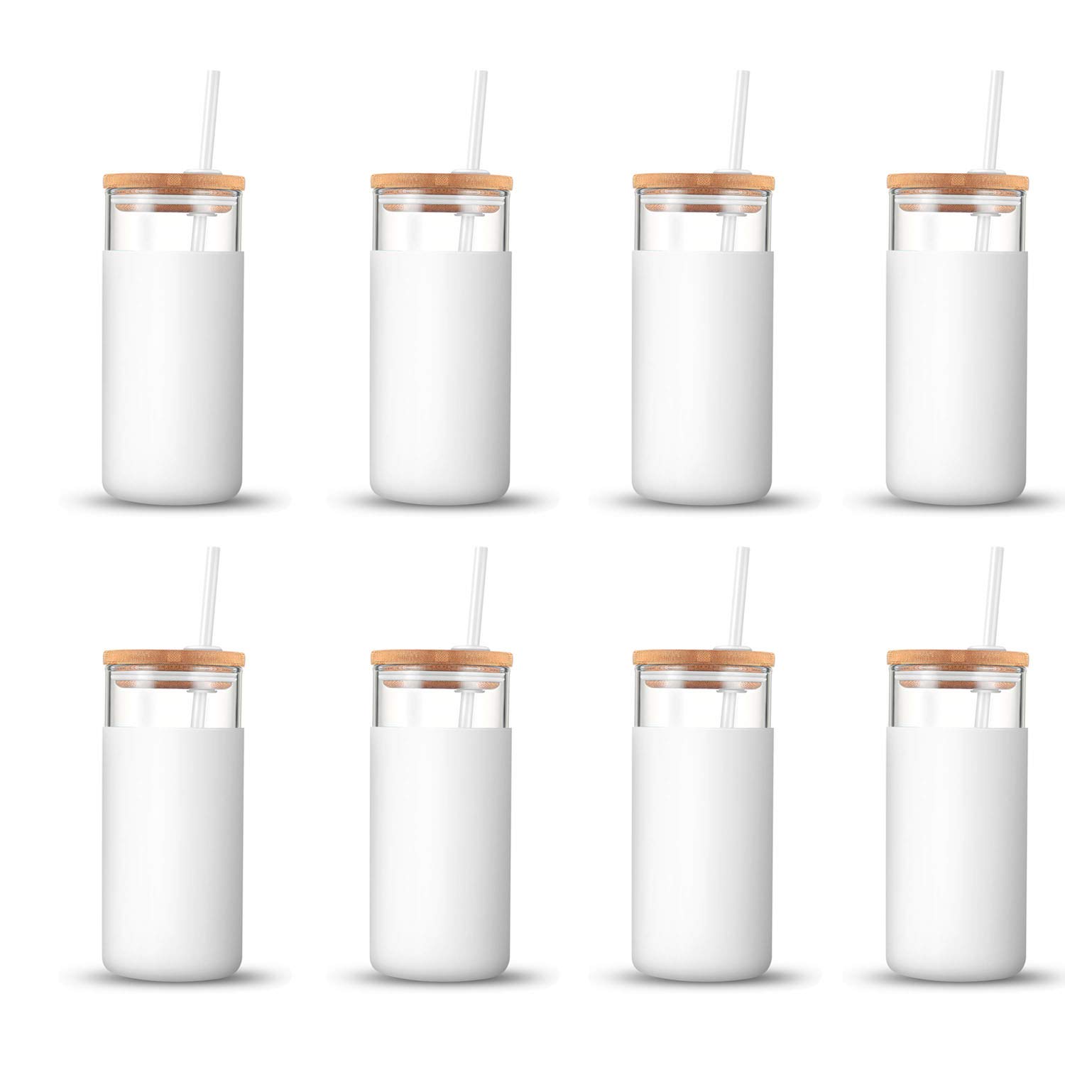 20 oz Glass Tumbler with Bamboo Lid & Silicone Sleeve - BPA Free Reusable Water Bottle with Straw - 8 Pack White Tumblers for Home, Office, Gym & Outdoor Activities