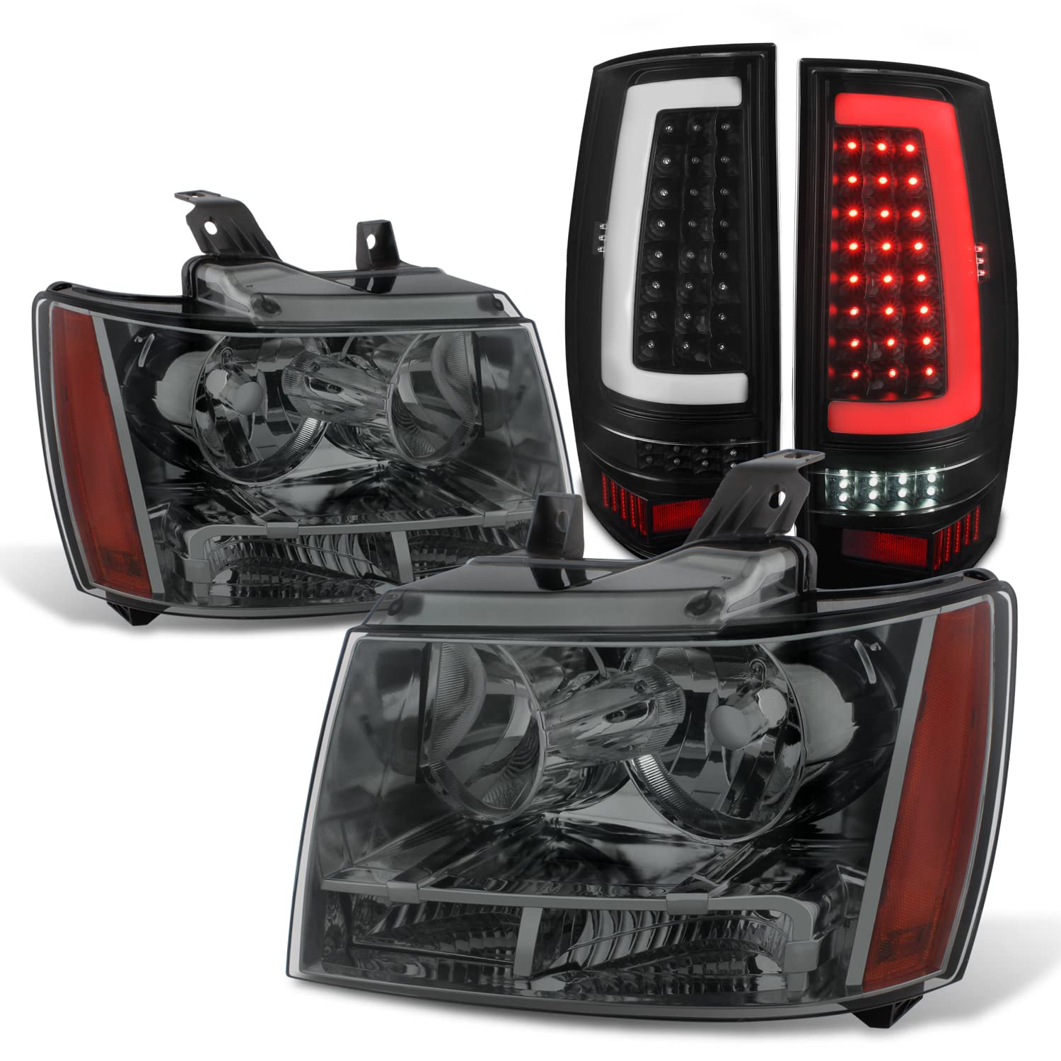 AKKON Chrome Smoked Headlights + LED C-Tube DRL Black Tail Lights Pair for 2007-2014 Chevy Tahoe Suburban 1500 2500 - Upgrade Your Ride with Stylish Lighting for Night Driving & Off-Road Adventures