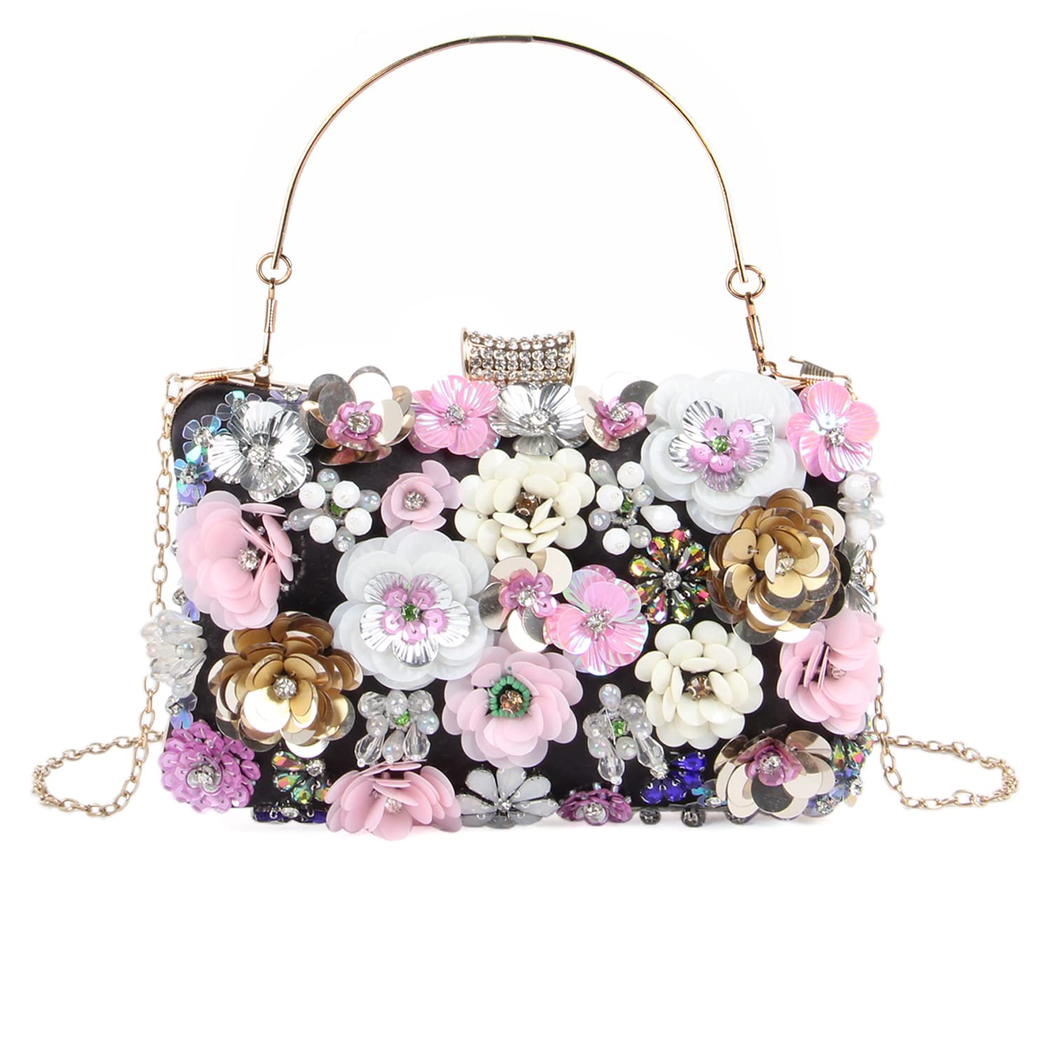 Fecialy Women's Rhinestone Floral Evening Clutch Purse - Elegant Wedding Handbag with Chain Shoulder Strap for Bride, Party & Special Occasions