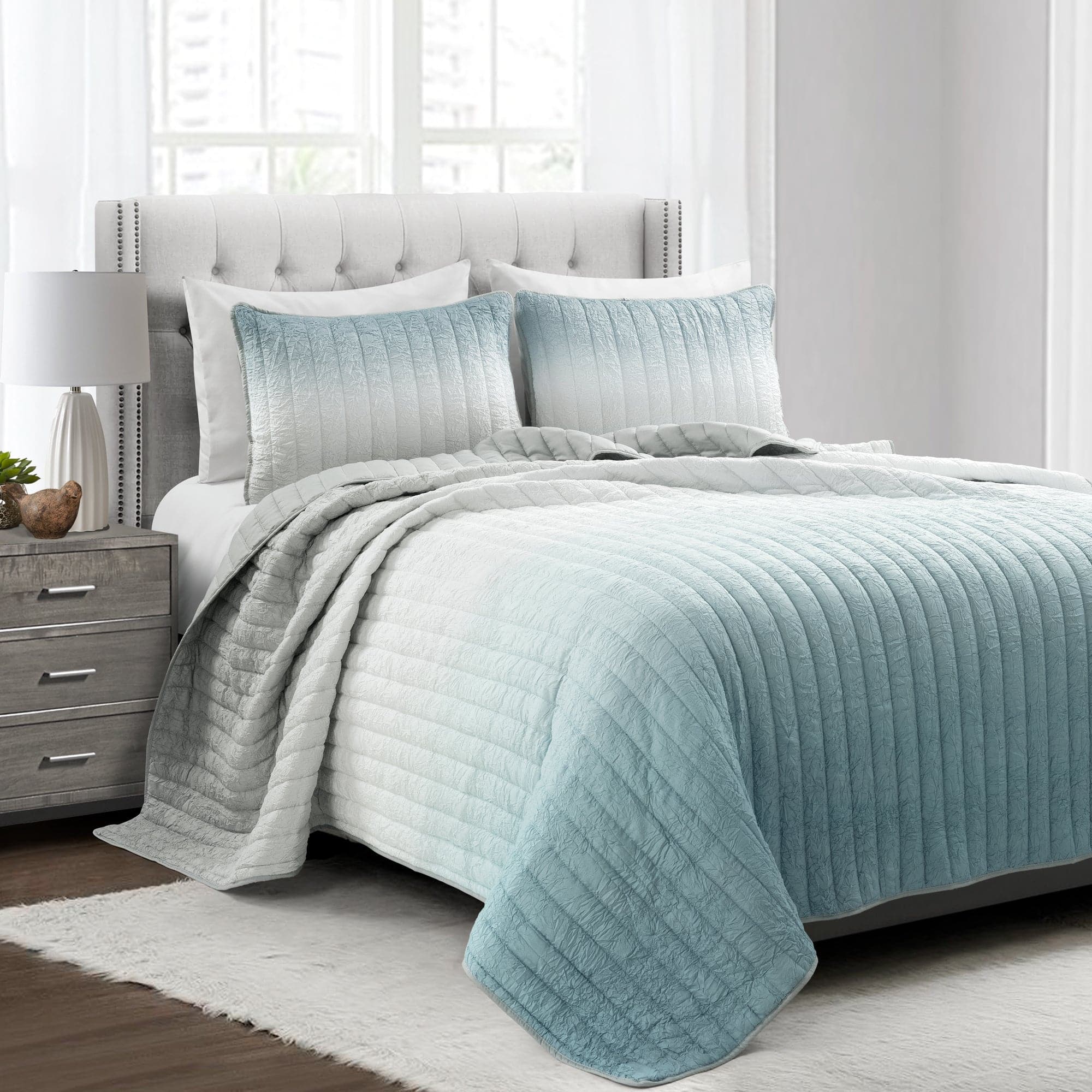 Crinkle Ombre Oversized Quilt 3-Piece Set - Soft Textured Bedding for Master Bedroom, Guest Room & Cozy Home Decor