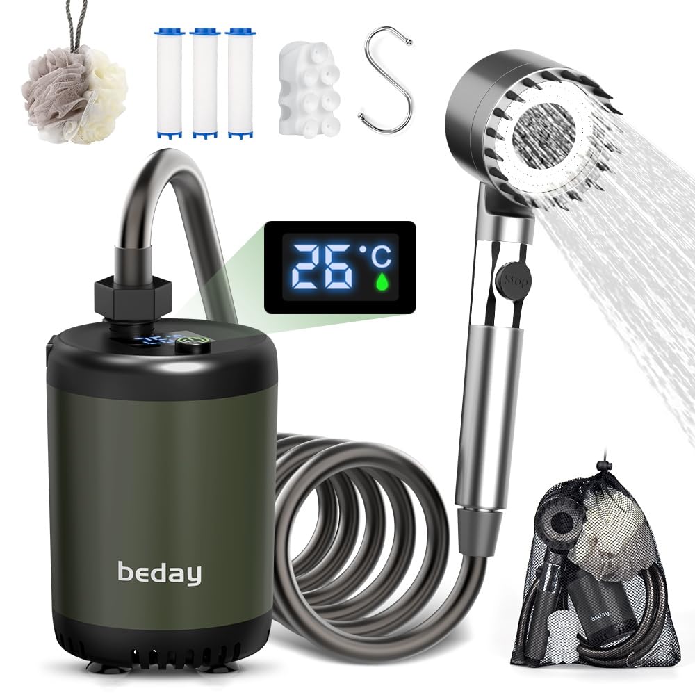 Portable Camping Shower Pump Kit - 7800mAh Rechargeable Battery with Water Temperature Display | Ideal for Outdoor Travel, Camping, Tent Showers & Pet Washing | Perfect for RV Trips, Beach Days & Emergency Use