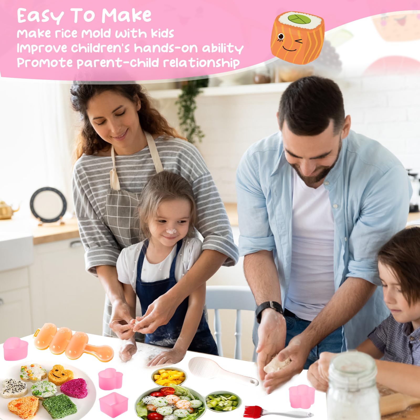 8-Piece Sushi Onigiri Musubi Maker Kit - Rice Ball Mold with Small Paddle & Brush for Perfect Homemade Japanese Snacks (Pink) | Ideal for Bento Boxes, Picnics & Party Food Prep