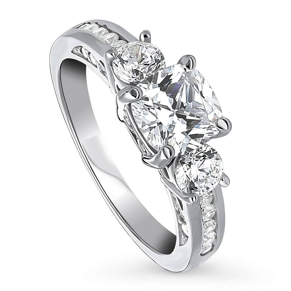 BERRICLE Sterling Silver 3-Stone Wedding & Engagement Ring - 1.5 Carat Cushion Cut Cubic Zirconia CZ Promise Ring for Women, Rhodium Plated, Size 4-10 - Perfect for Proposals, Anniversaries & Special Occasions