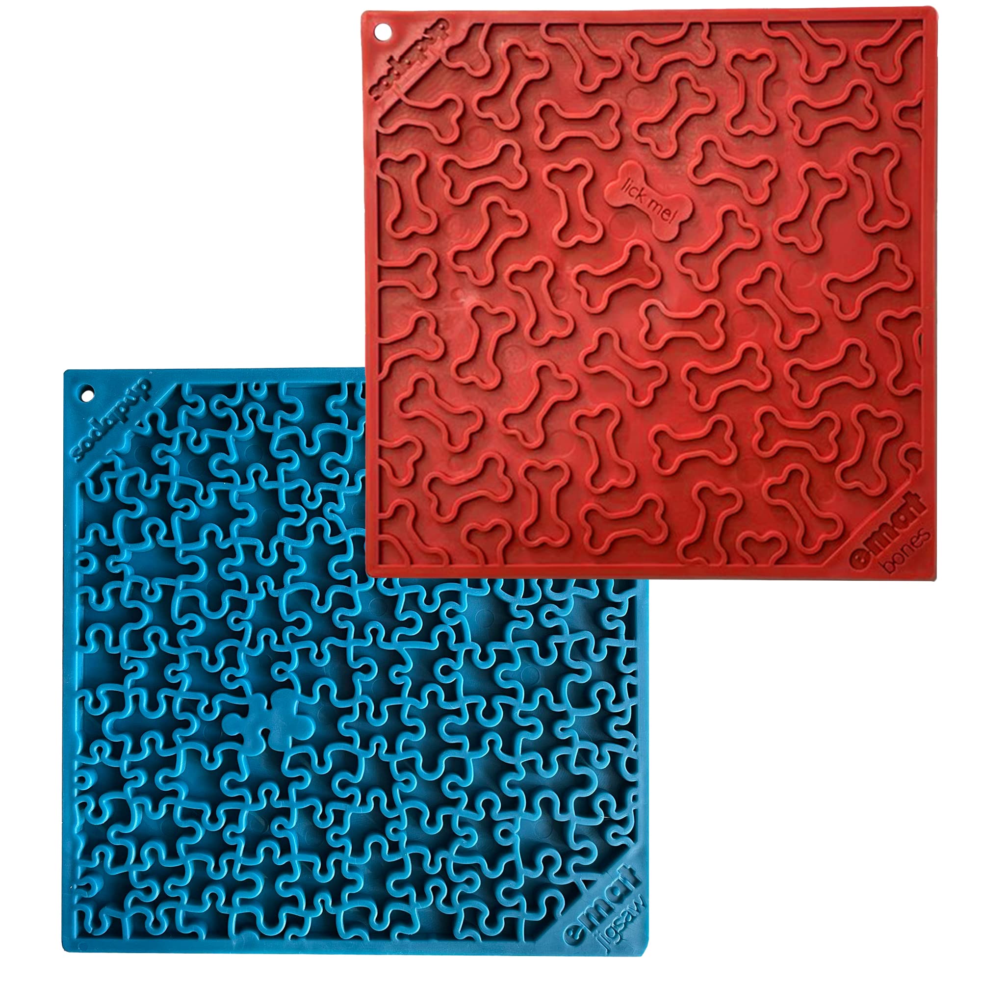 SodaPup Red Bones & Blue Jigsaw Puzzle Lick Mat Bundle – Non-Toxic Pet Feeding Mat Made in USA | Slow Feeder for Dogs & Cats | Promotes Digestive Health, Reduces Anxiety & Prevents Overeating | Perfect for Mealtime, Training, Grooming & Travel Use