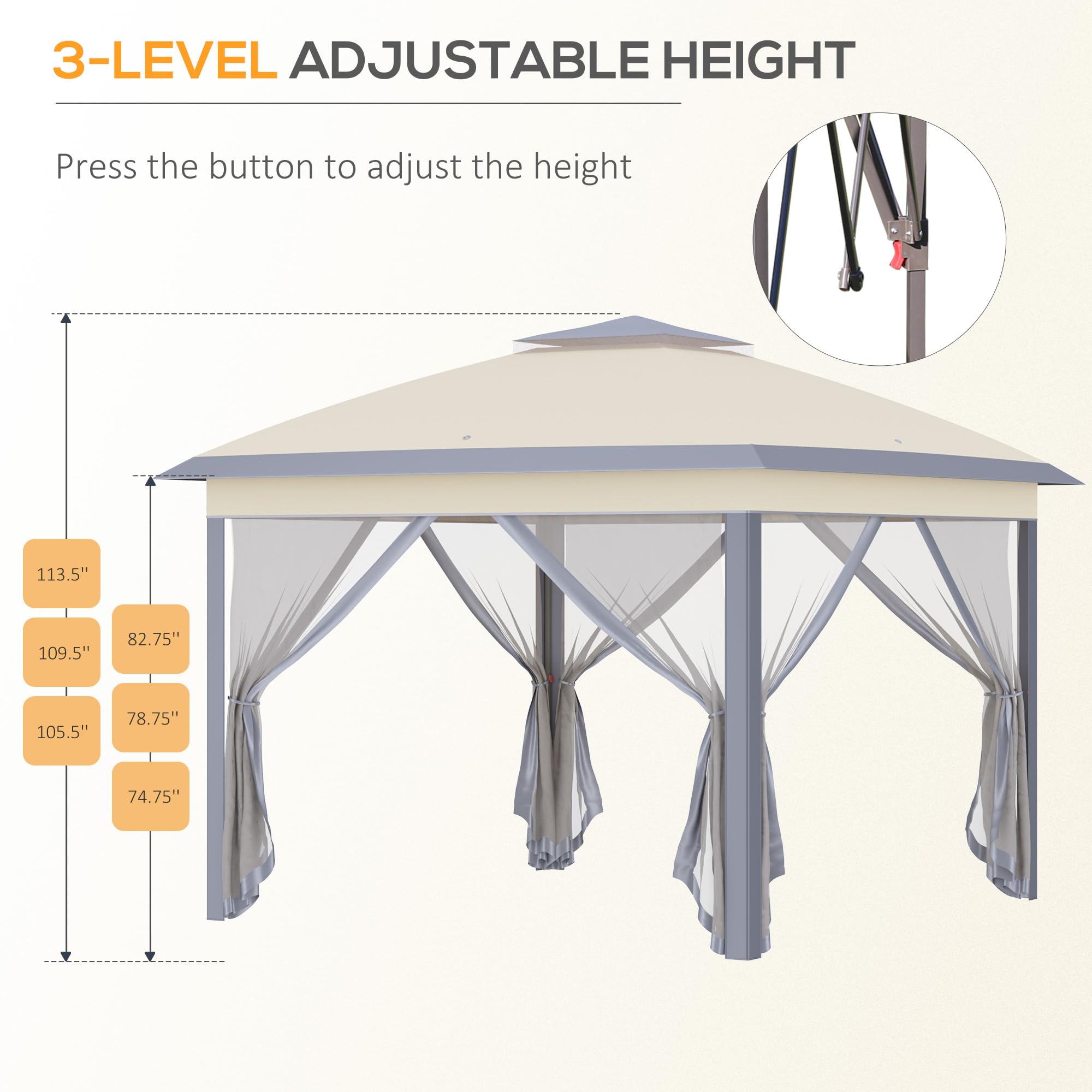 Outsunny 11' x 11' Pop Up Canopy Tent with Netting & Carry Bag - Instant Gazebo Sun Shelter for Outdoor Parties, Camping, Beach, Backyard - 121 Sq Ft Shade, Beige