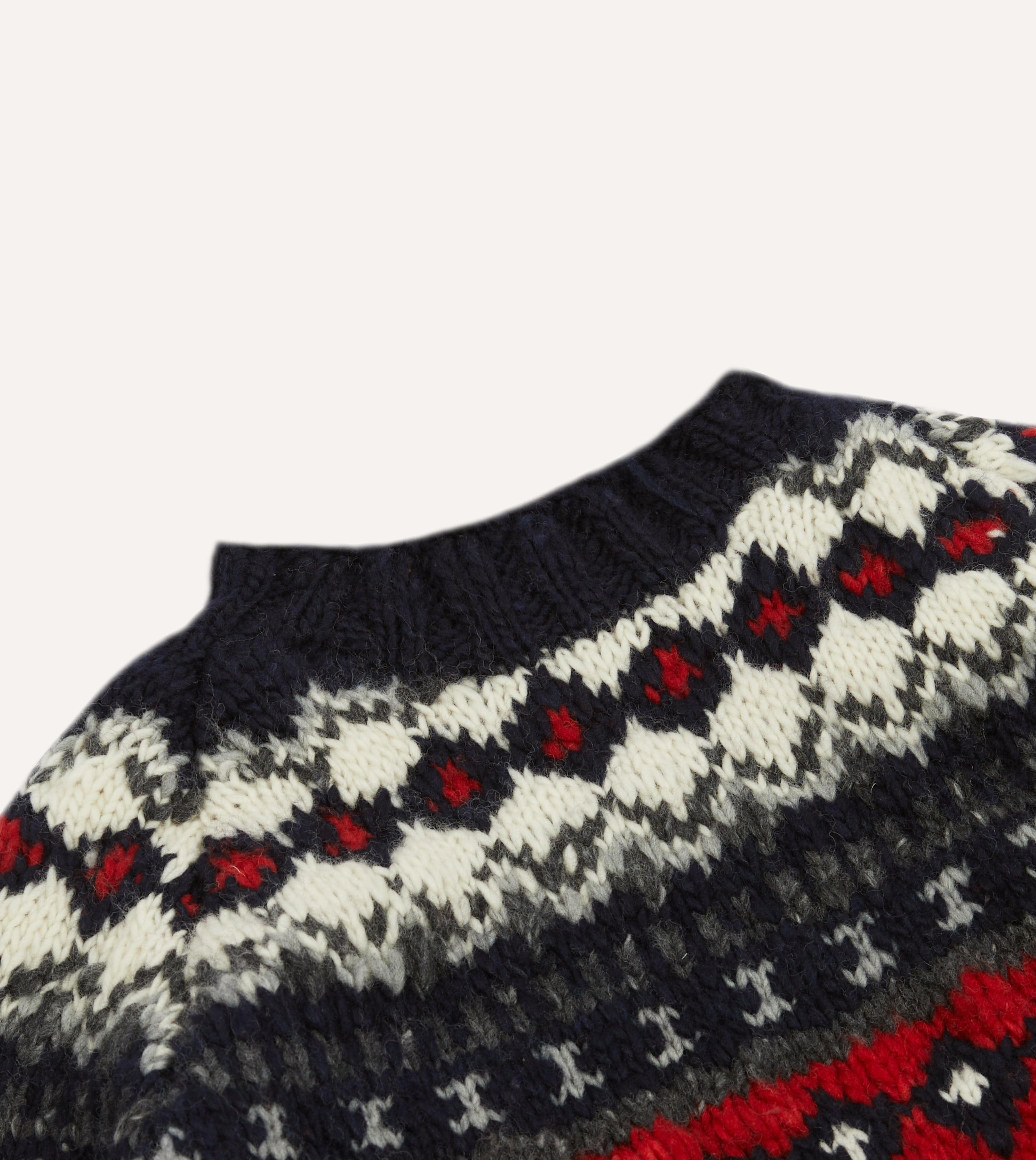 Drake's Navy and Red Fairisle Merino Wool Jumper - Warm Winter Knit Sweater for Men, Cozy Crewneck Pullover for Casual Outfits & Holiday Gatherings
