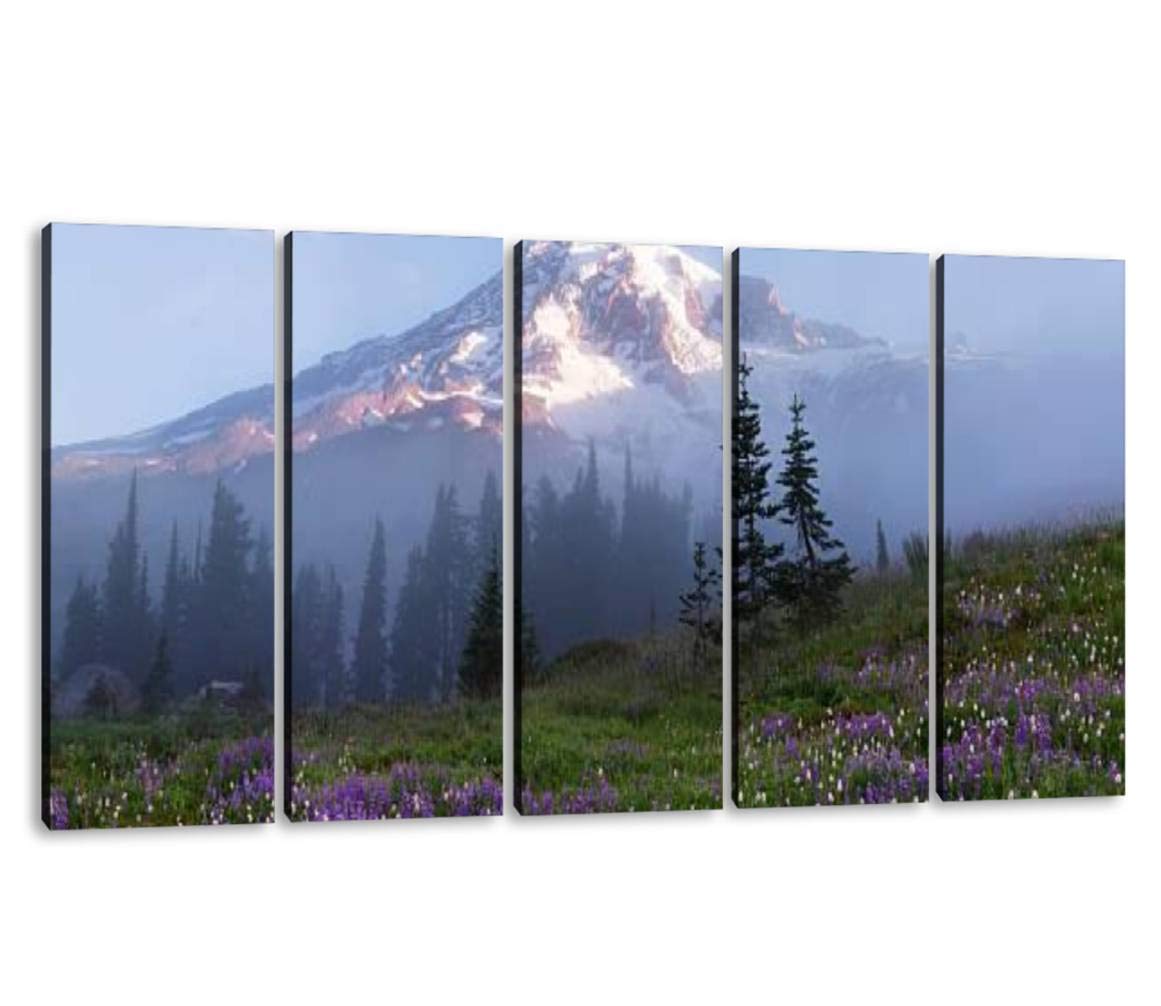 KiiAmy 5-Panel Wall Art - Stunning Mt. Rainier Landscape with Foggy Morning Flowers & Mountains - Modern Framed Canvas Prints for Office, Bedroom & Home Decor - Ready to Hang (60''W x 32''H) - Perfect for Living Room Accent Wall, Hotel Lobby Decor or Gift Idea