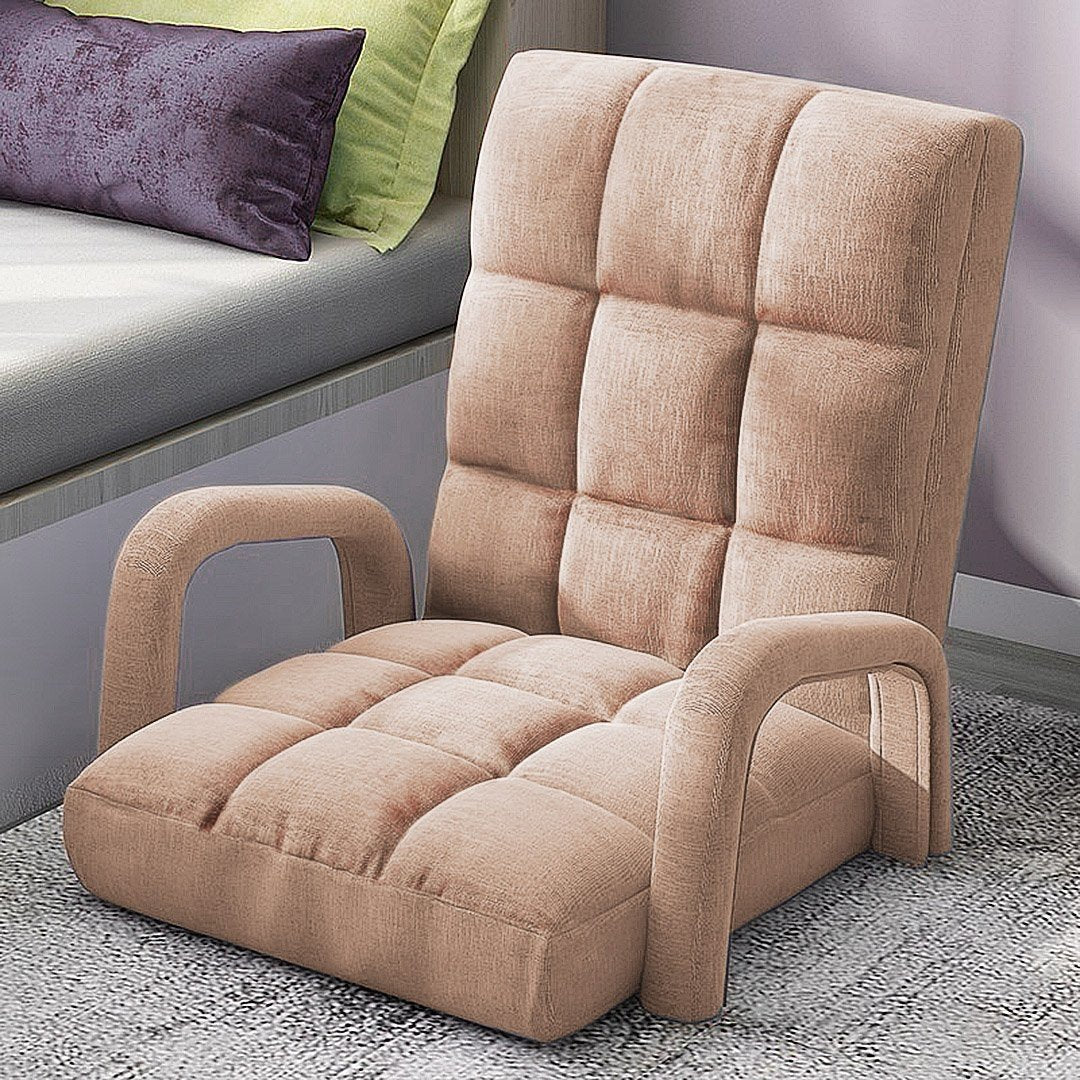 2X Foldable Lounge Cushion - Adjustable Floor Recliner Chair with Armrest (Khaki) - Perfect for Living Room, Bedroom, Outdoor & Camping Relaxation