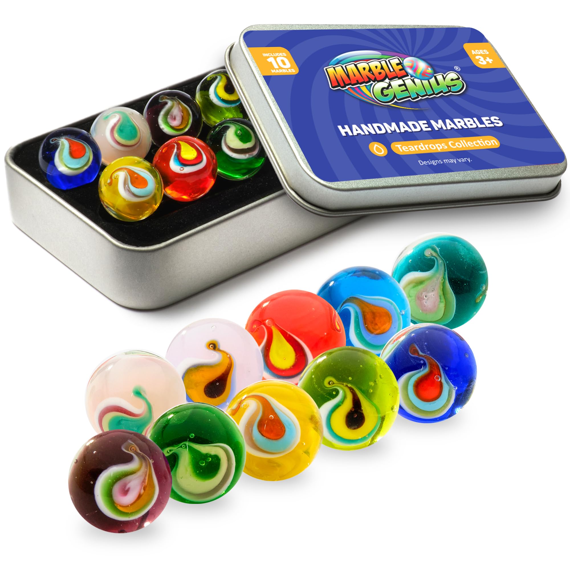 Marble Genius Collectors Marbles - 10 Handmade Glass Teardrop Marbles (16mm / ⅝ Inch) - Perfect Gift for Marble Lovers & Kids Ages 3+ - Great for Collections, Games, and Home Decor