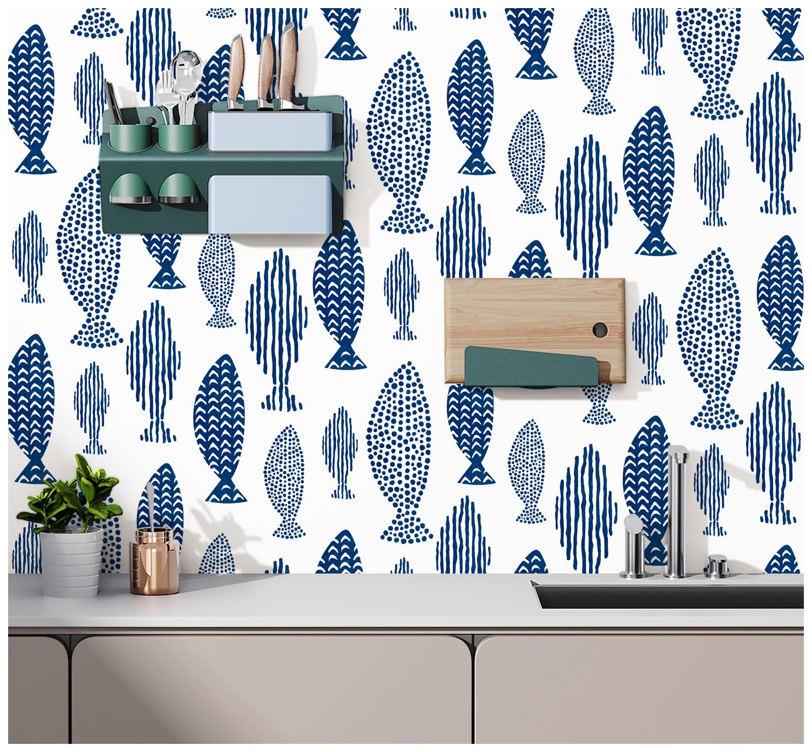 HAOKHOME Removable Peel and Stick Wallpaper - Abstract Underwater World Fish Trellis Design in Indigo Blue - Self-Adhesive Contact Paper for Home & Bathroom Decor (17.7x118 Inches) - Perfect for Nursery, Bedroom Accent Walls and Rental Apartment Makeovers