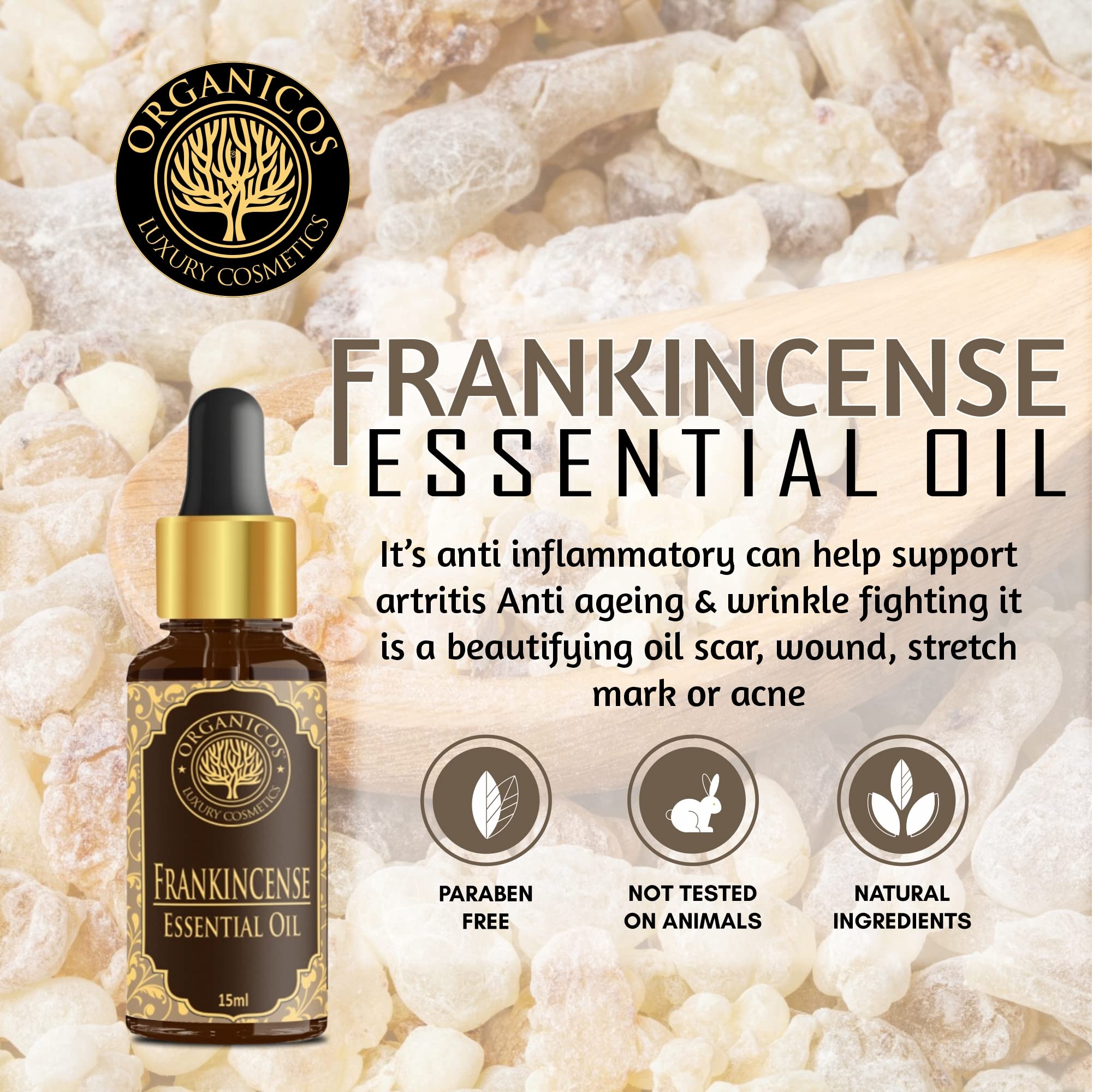 Organic Frankincense Essential Oil for Face & Skin - 100% Pure, Natural, Undiluted - Promotes Clear Glowing Skin, Anti-Aging, Wrinkle Reduction & Hair Care - 15ml - Perfect for Aromatherapy, Massage & DIY Beauty Recipes