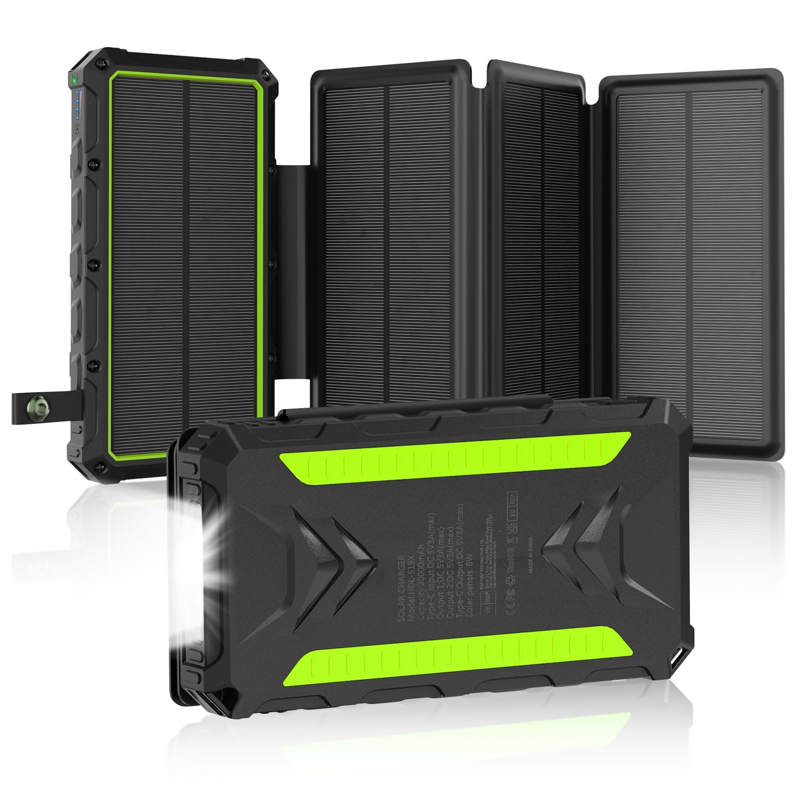 20000mAh Solar Power Bank with 4 Solar Panels - Fast Charging Portable Charger with Dual 3A Outputs, Waterproof External Battery Pack & Flashlight for iPhone, Android Phones, Tablets - Perfect for Camping, Hiking, Outdoor Adventures (Green)