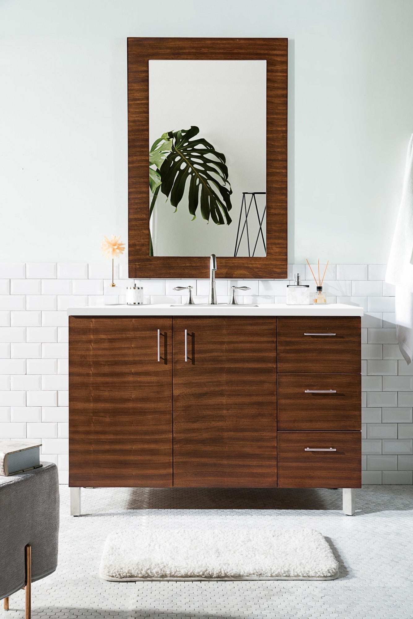Metropolitan 48 Inch Single Bathroom Vanity with American Walnut Finish & 3CM Classic White Quartz Countertop - Perfect for Modern Master Bathrooms & Powder Rooms