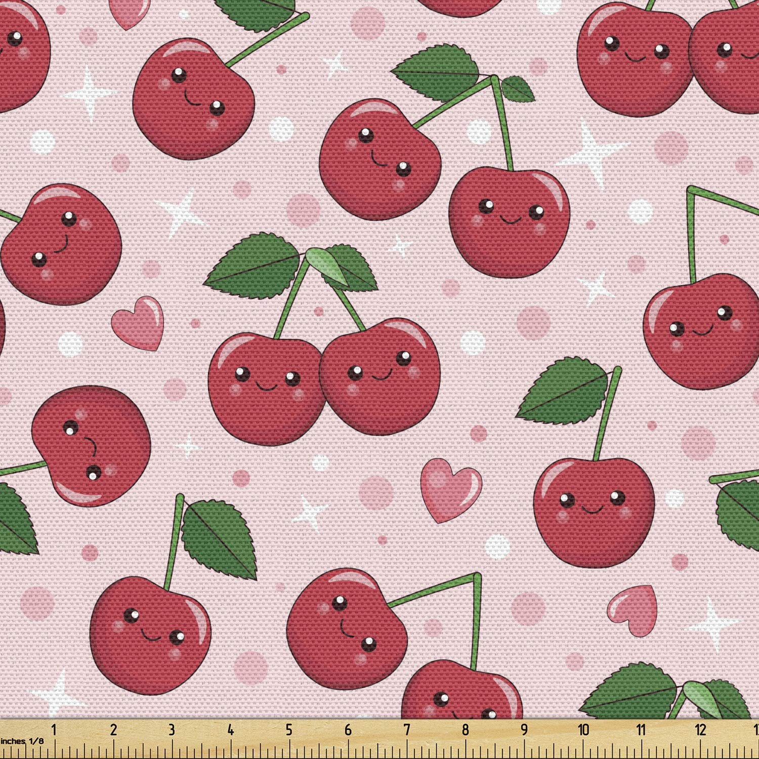 Ambesonne Funny Kawaii Berries Fabric - 10 Yards of Cherry Branch Print with Smiling Faces in Pale Pink & Ruby Green - Upholstery & Home Decor Fabric for Couples Bedroom, Romantic Duvet Covers, Throw Pillows & DIY Crafts