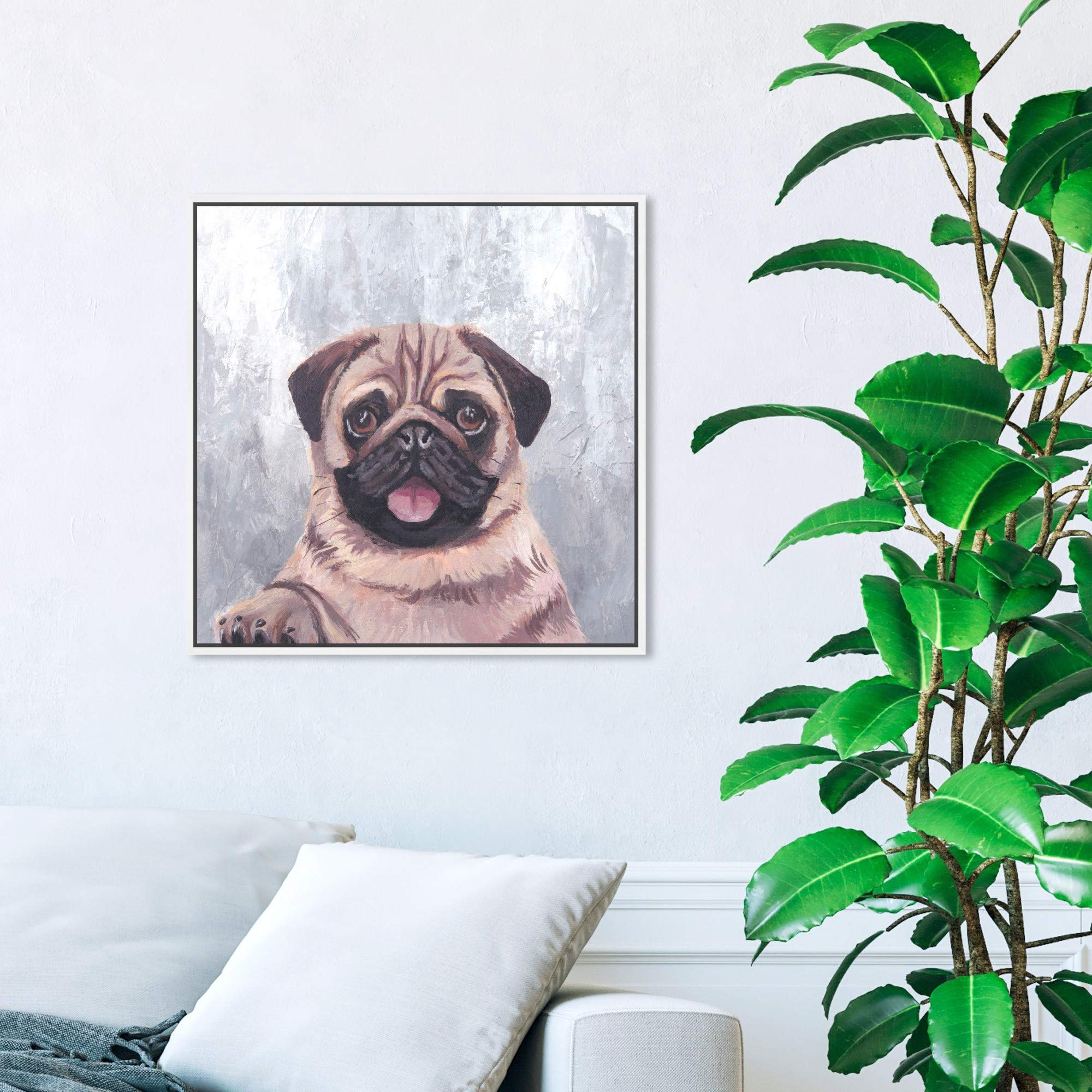 Happy Pug Dog Wall Art - 20x20 Inch Framed Canvas Print by Oliver Gal Artist Co. - Brown & Gray Animal Home Decor for Living Room, Bedroom & Office