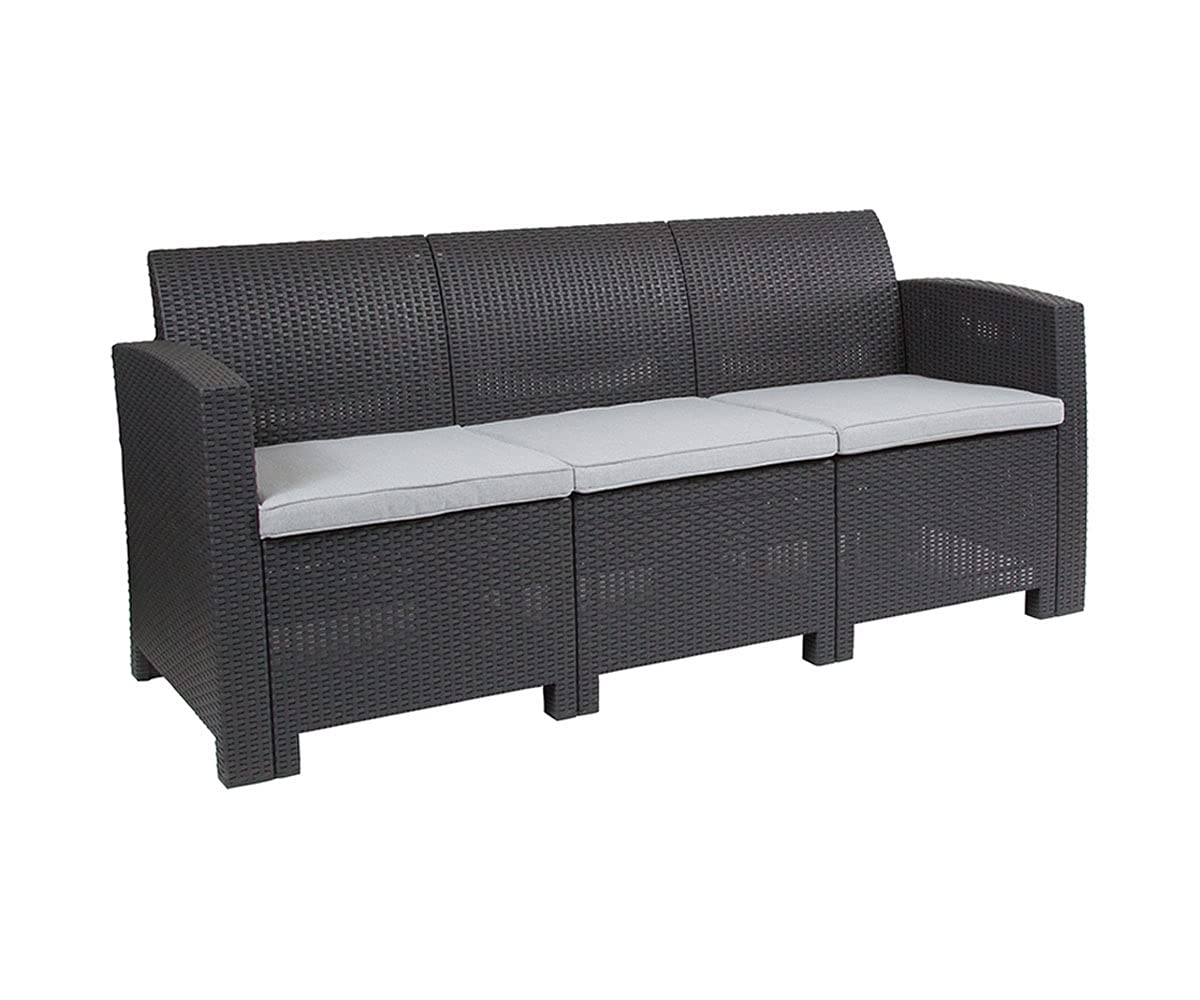 Flash Furniture Seneca Dark Gray Faux Rattan Outdoor Sofa with All-Weather Light Gray Cushions - Patio, Garden, Poolside & Deck Lounge Seating