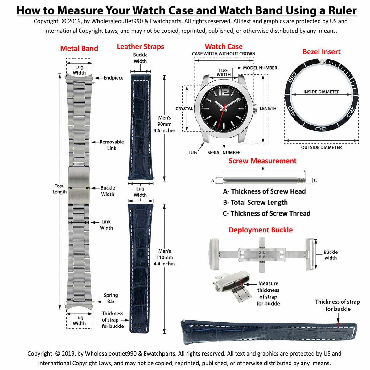 19mm Genuine Leather Watch Band Strap with Deployment Clasp - Compatible with Chopard Watches - Black with White Stitching - Premium Replacement Watch Strap for Dress Watches & Formal Occasions