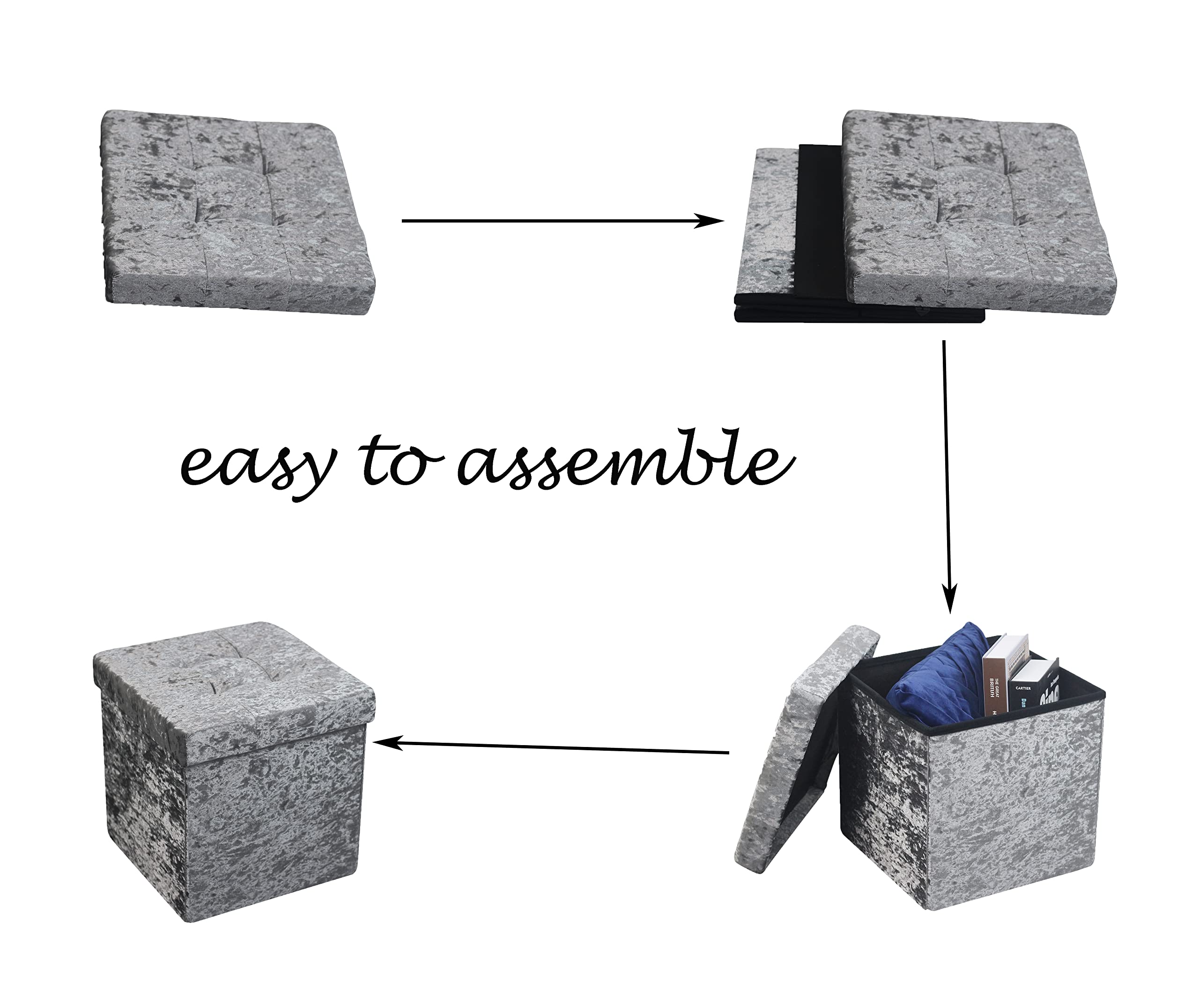 HomeHarmony® Crushed Velvet Quilted Storage Ottoman - Foldable Footrest Stool with Removable Top, Multi-Purpose Toy & Blanket Storage Box (Medium Silver) - Perfect for Living Room, Bedroom & Nursery Organization