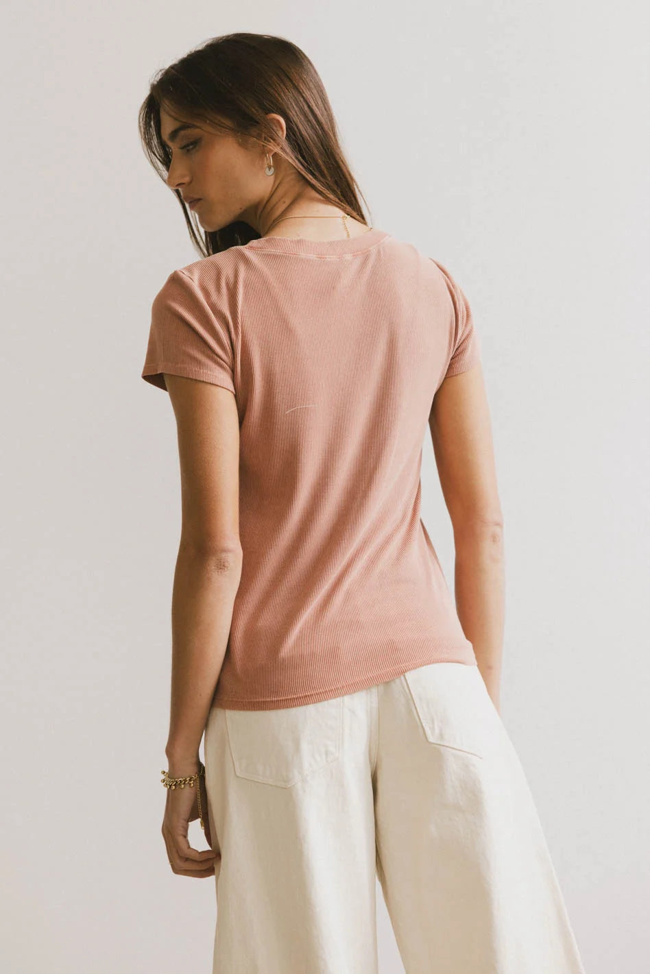 Opal Ribbed Tee in Terracotta - Women's Casual Short Sleeve T-Shirt | Soft Stretch Cotton Blend | Perfect for Everyday Wear, Layering & Outfits