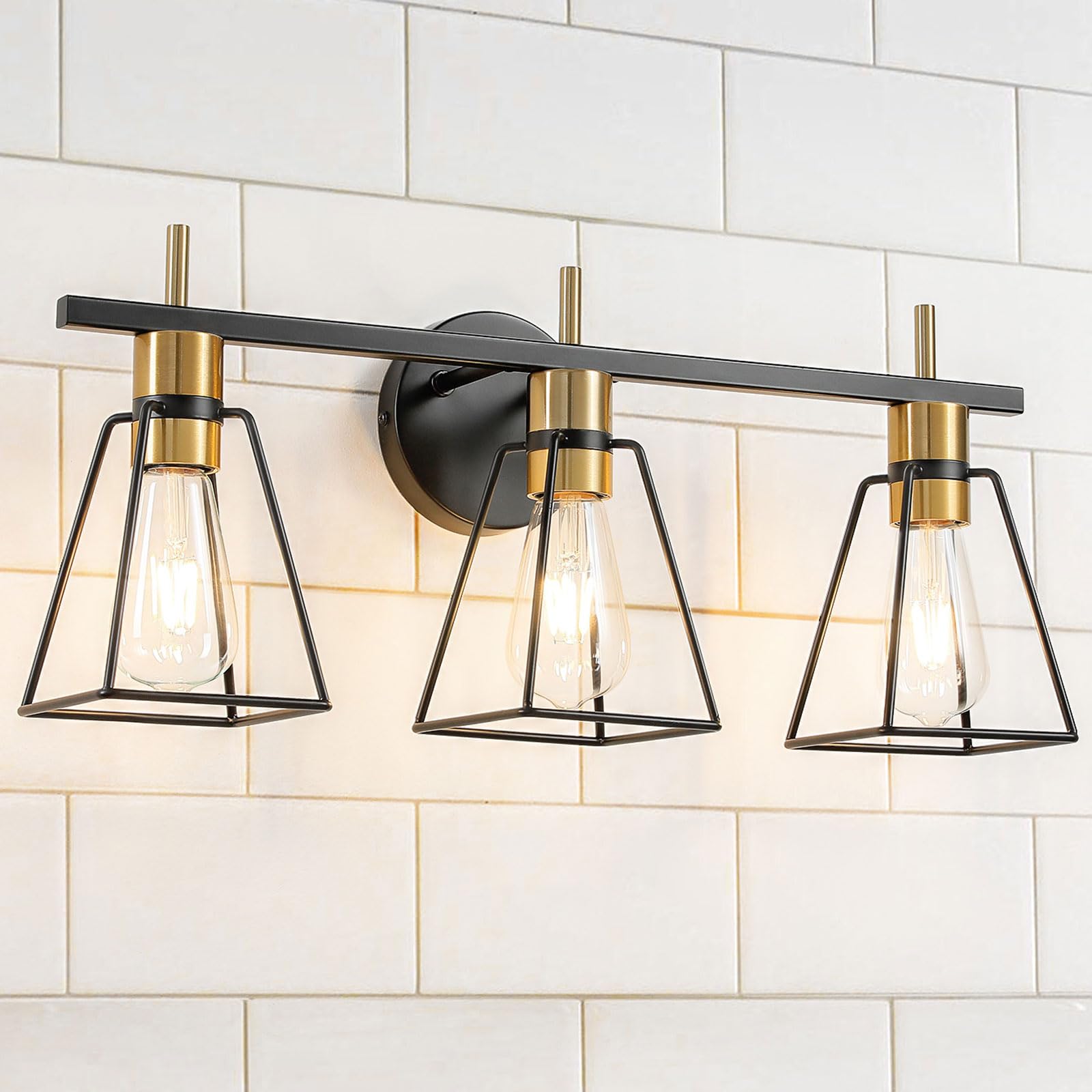 Vintage Industrial Bathroom Vanity Lights - 3-Light Black & Gold Metal Cage Wall Sconce, Rustic Farmhouse Lighting Fixture for Mirror, Bedroom & Living Room | Perfect for Bathroom Makeover, Cozy Bedroom Ambience & Living Room Decor