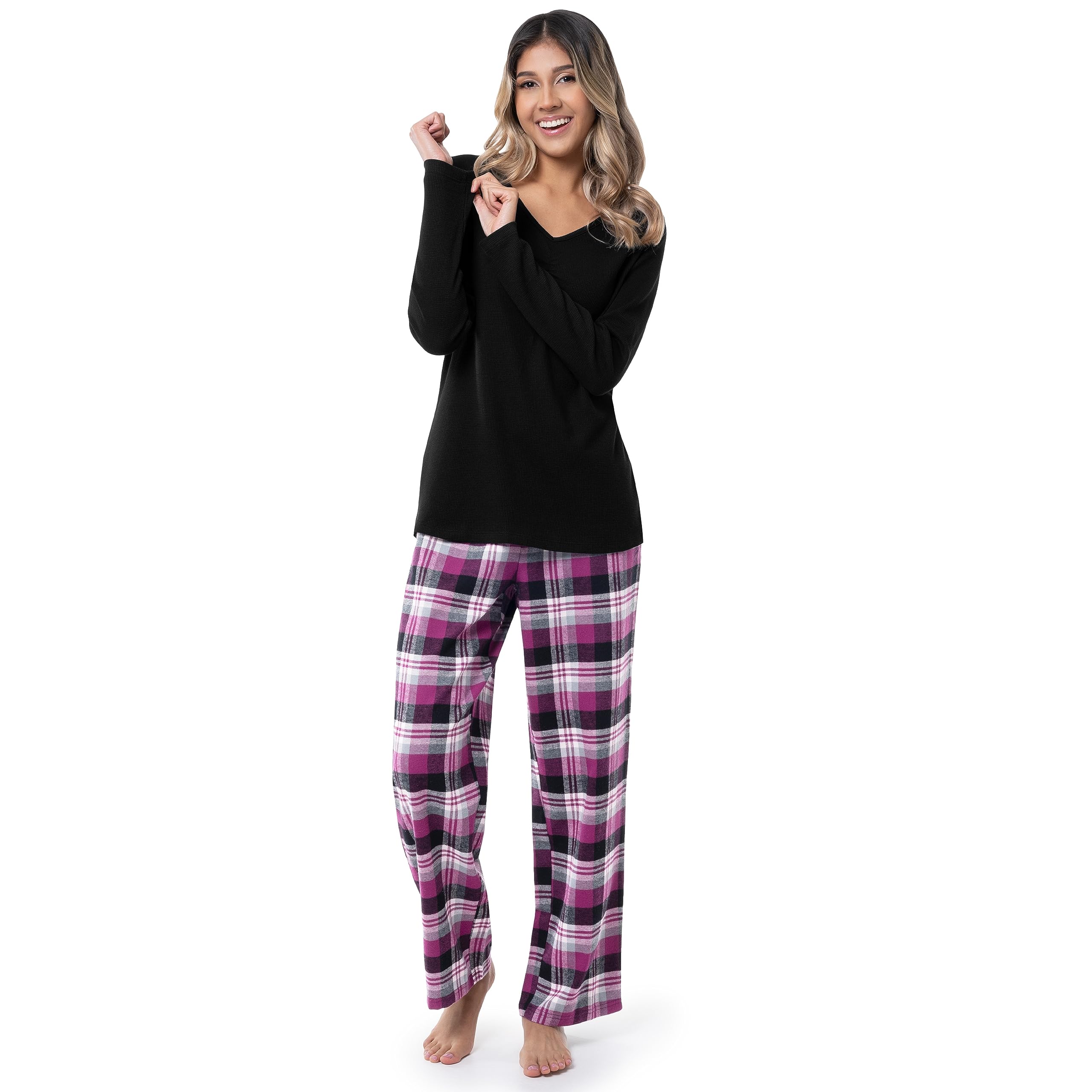 Fruit of the Loom Women's Waffle Knit V-Neck Top & Flannel Pajama Pants Sleepwear Set - Cozy Loungewear for Winter Nights and Relaxing at Home
