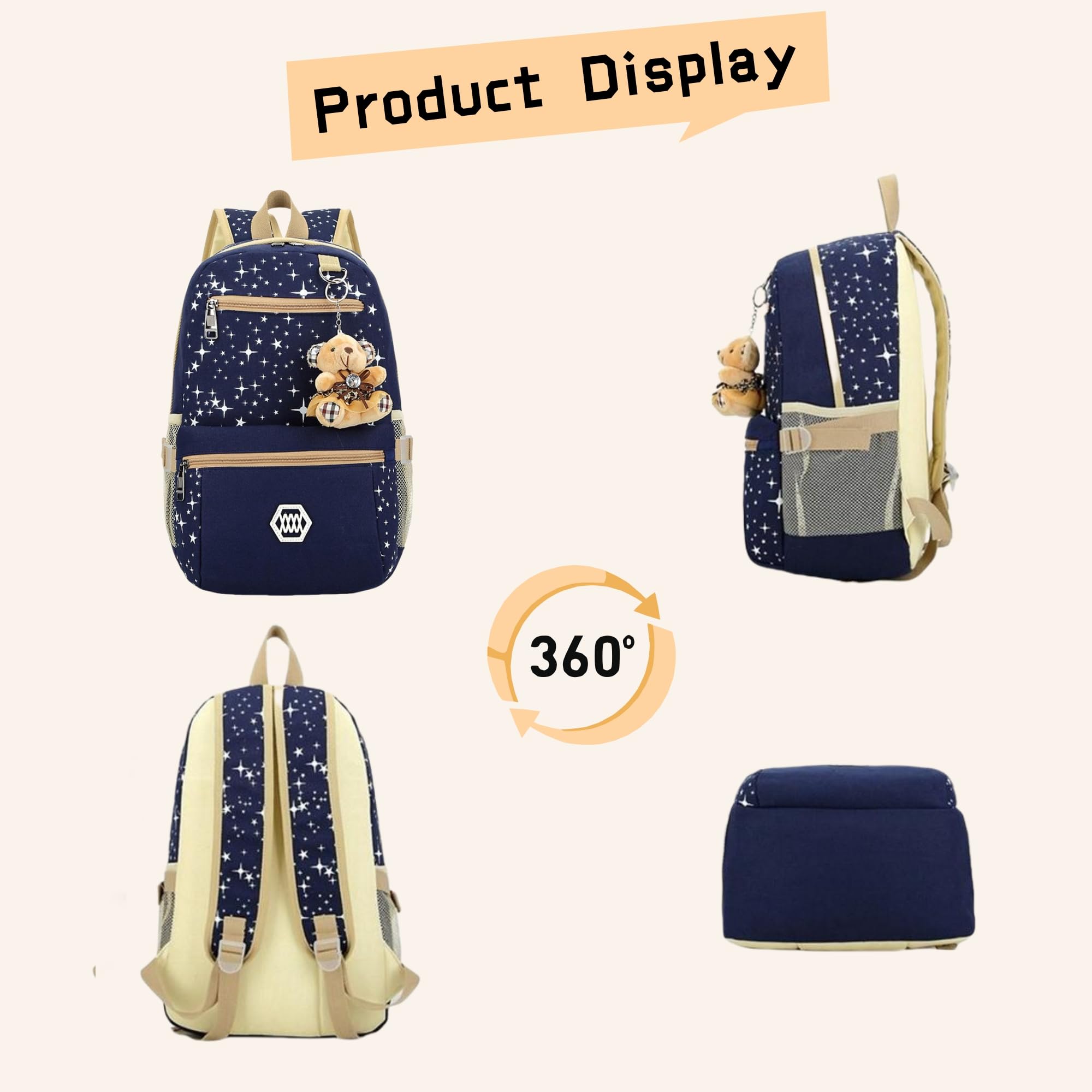 Star Print Girls Backpack Set for School - 3 Piece Teenage Girls Bookbag with Crossbody Bag | Cute School Supplies for Teens, College, Travel & Daily Use