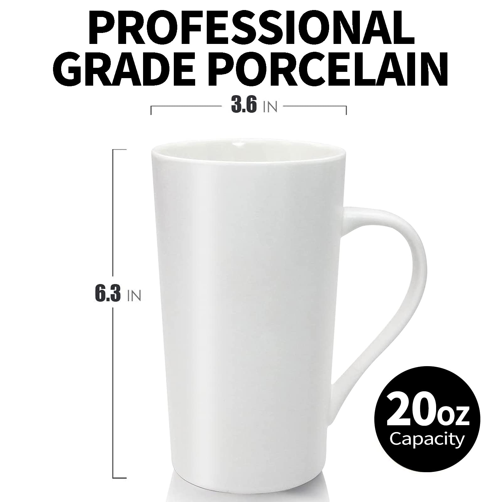 20oz Porcelain Coffee Mugs Set - Large Ceramic Mugs with Handle for Tea, Coffee & Hot Chocolate - Pure White Drinking Cups for Home, Office & Restaurant Use